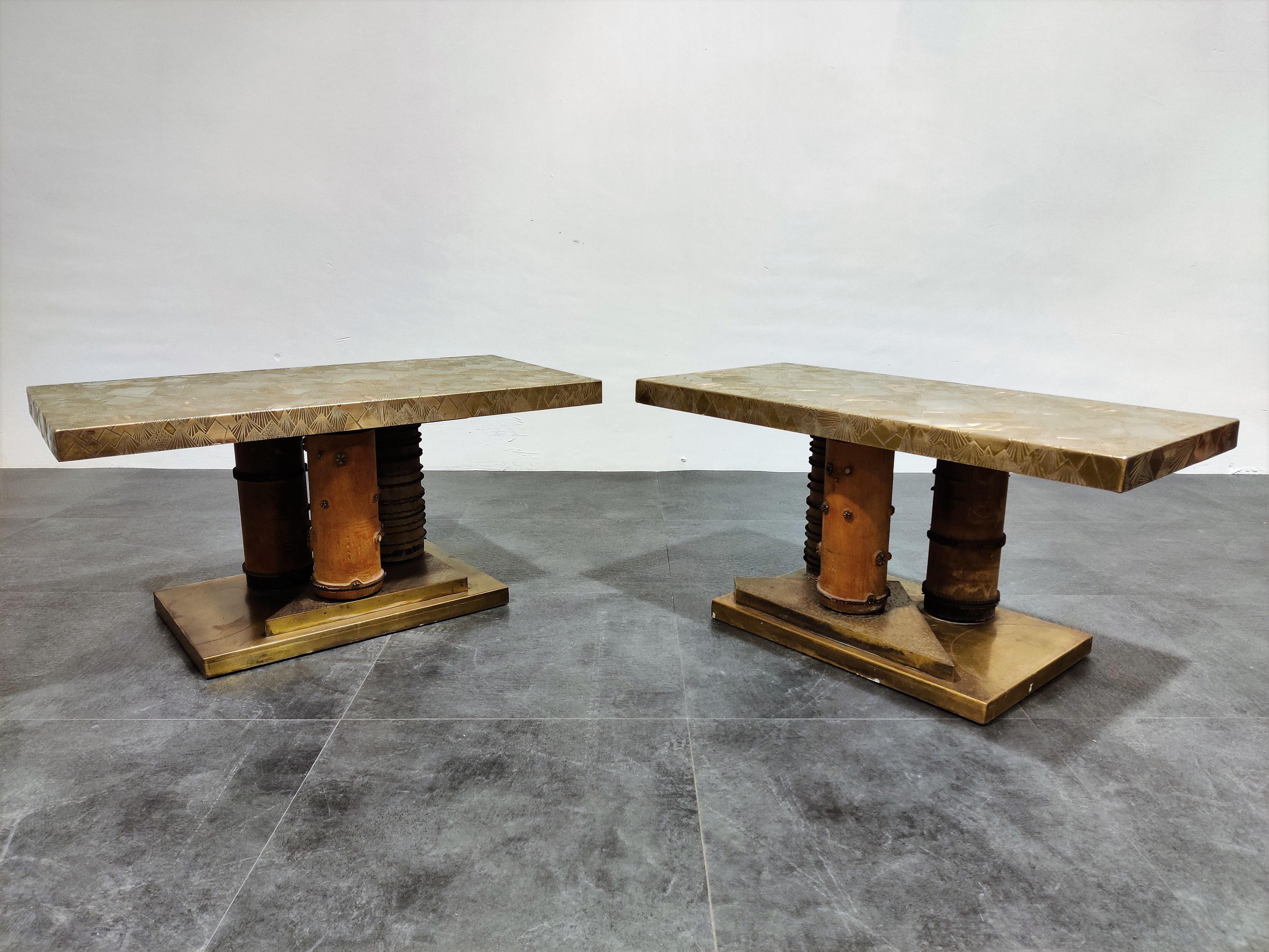 French Unique Brutalist Brass Coffee Tables or Side Tables, 1970s