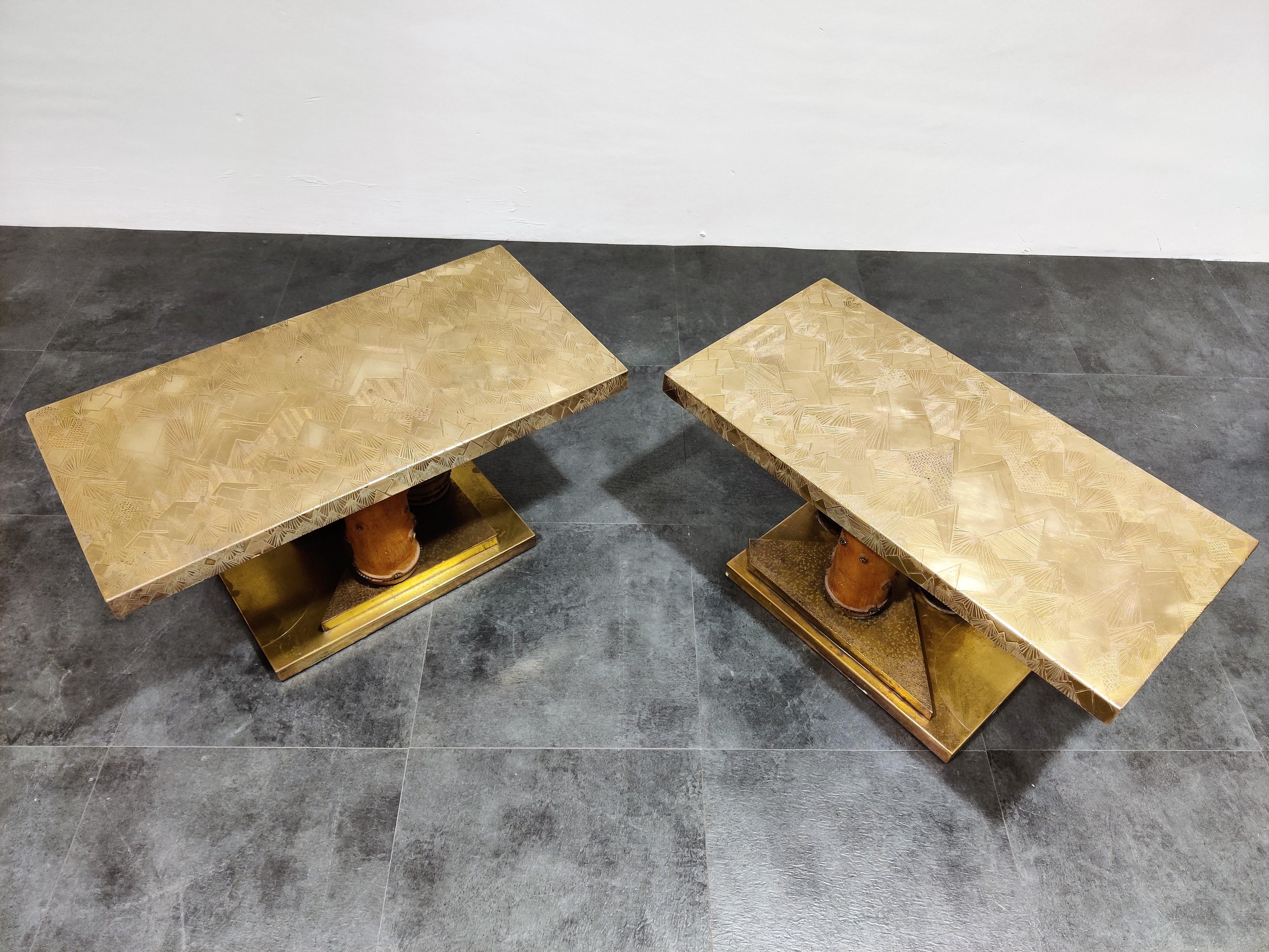 Etched Unique Brutalist Brass Coffee Tables or Side Tables, 1970s