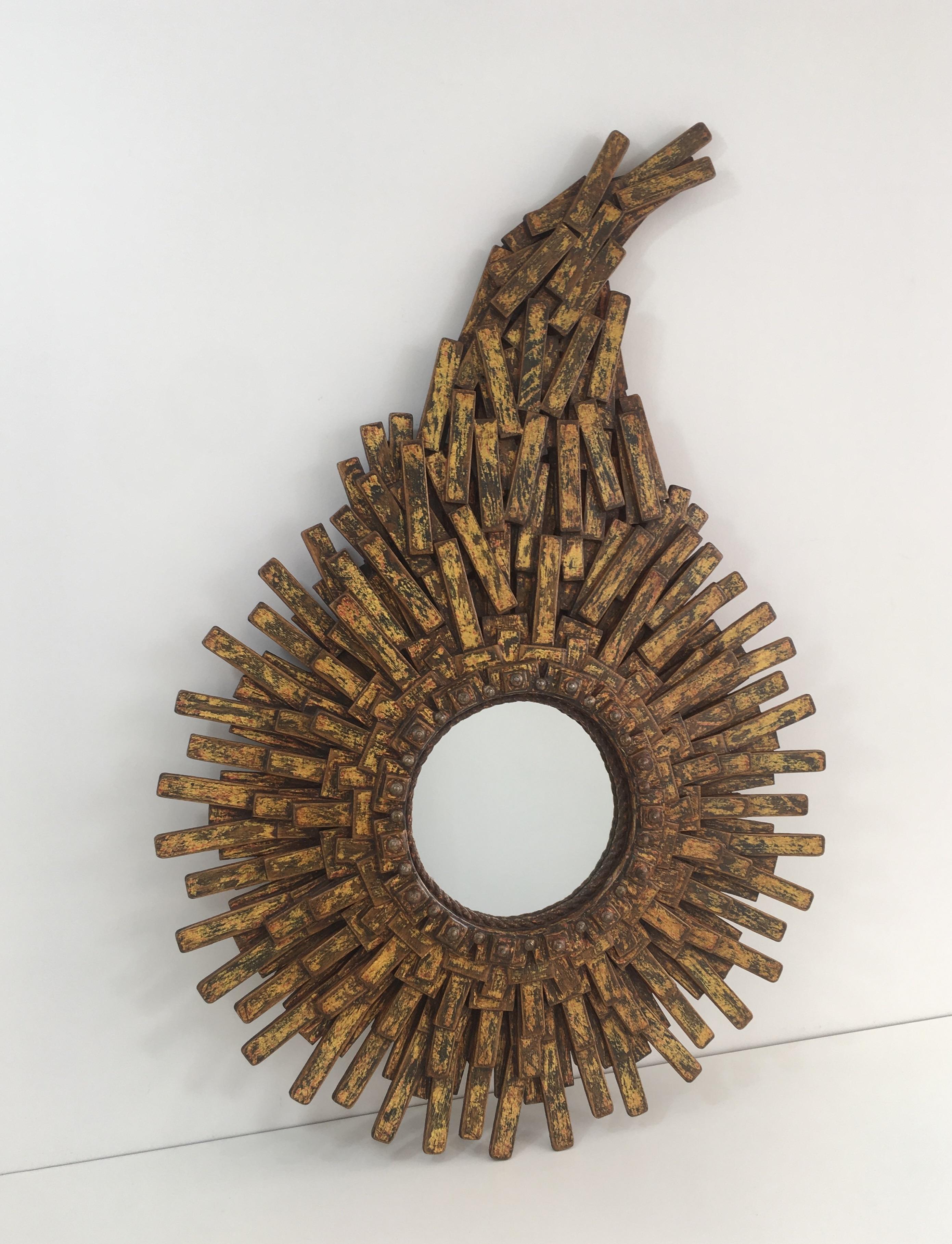 Unique Brutalist Mirror Made of Painted Wood, Rope & Old Iron Nails, Signed Arbo For Sale 12