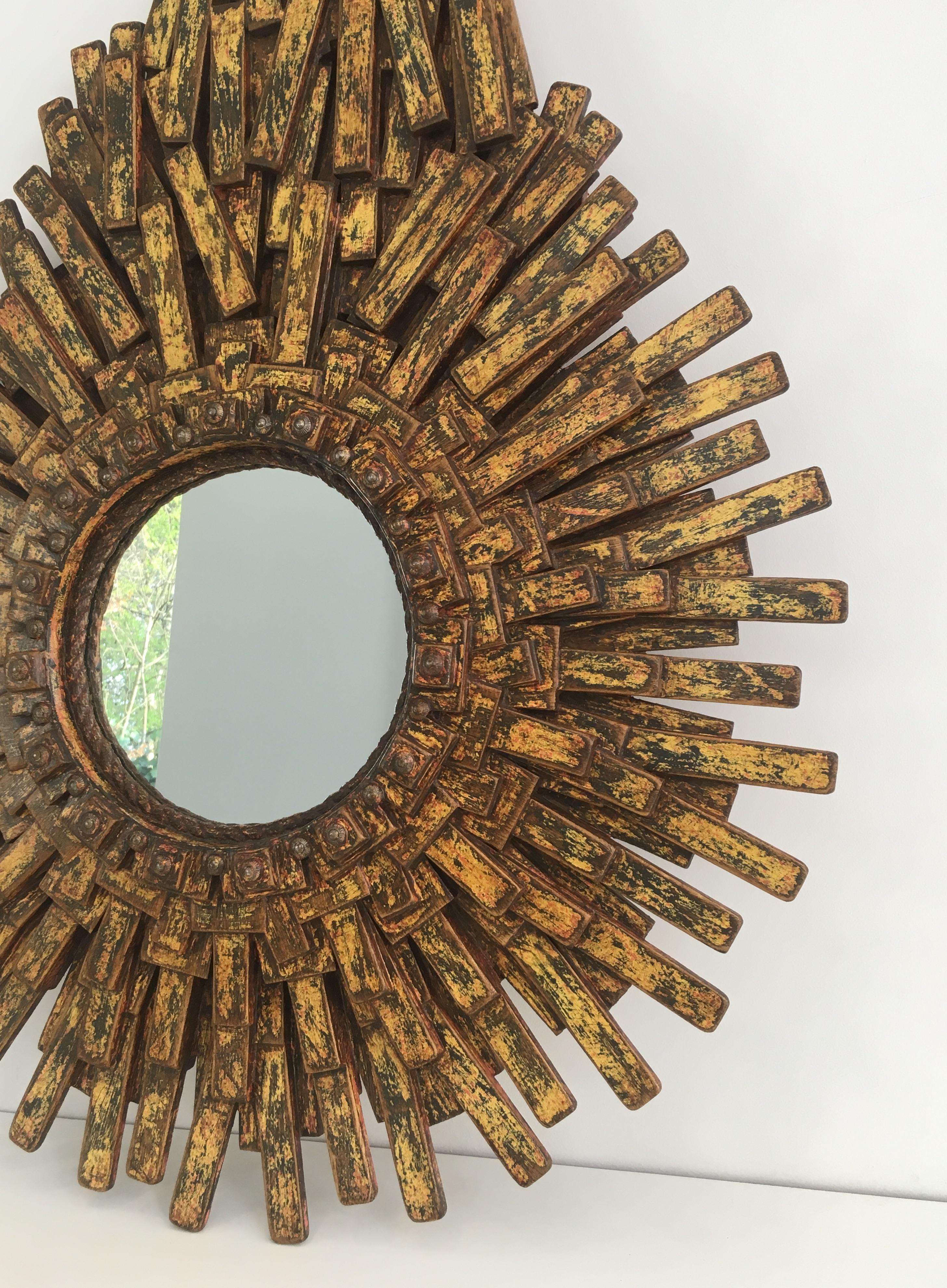 French Unique Brutalist Mirror Made of Painted Wood, Rope & Old Iron Nails, Signed Arbo For Sale