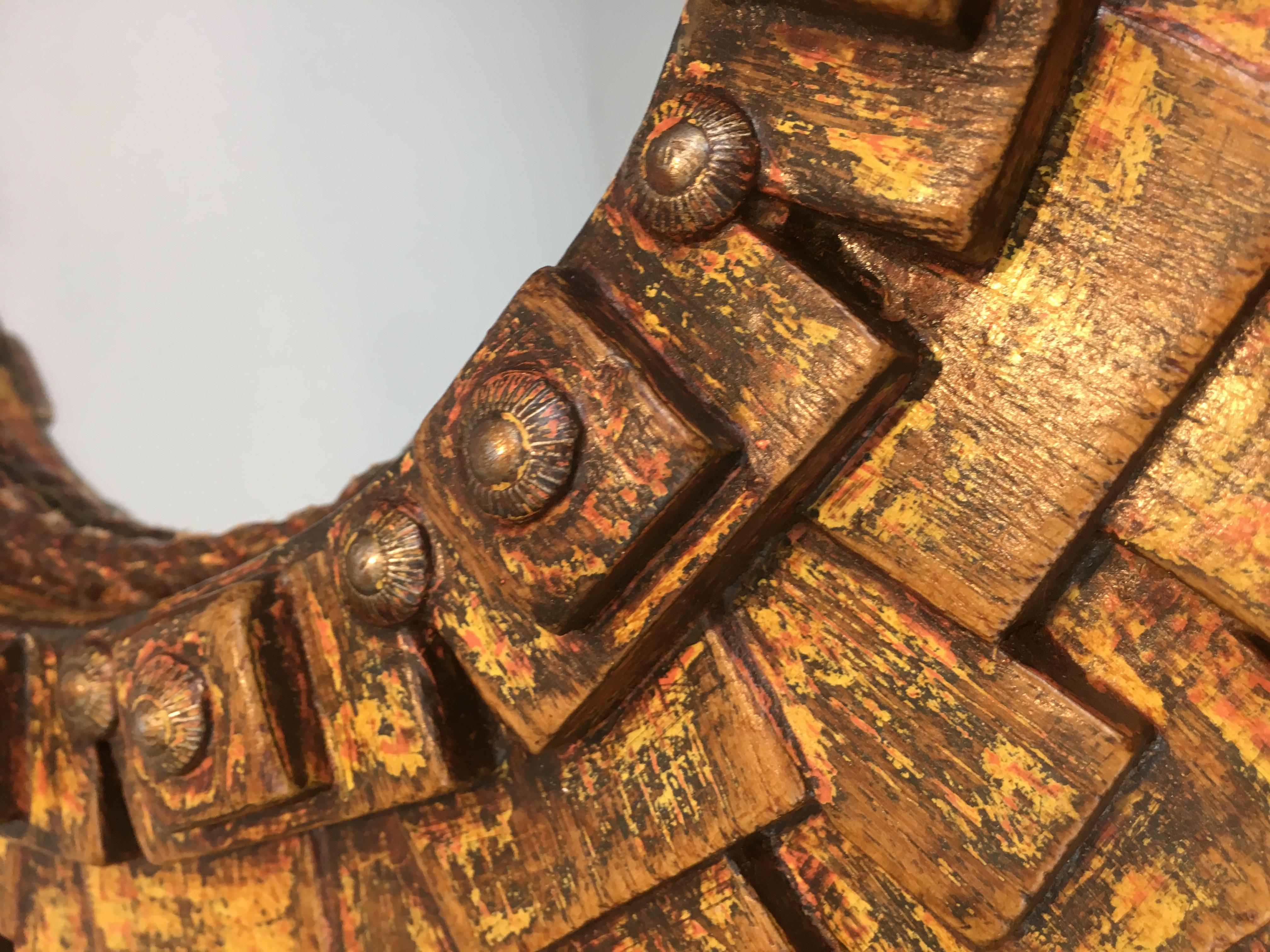 Unique Brutalist Mirror Made of Painted Wood, Rope & Old Iron Nails, Signed Arbo For Sale 1