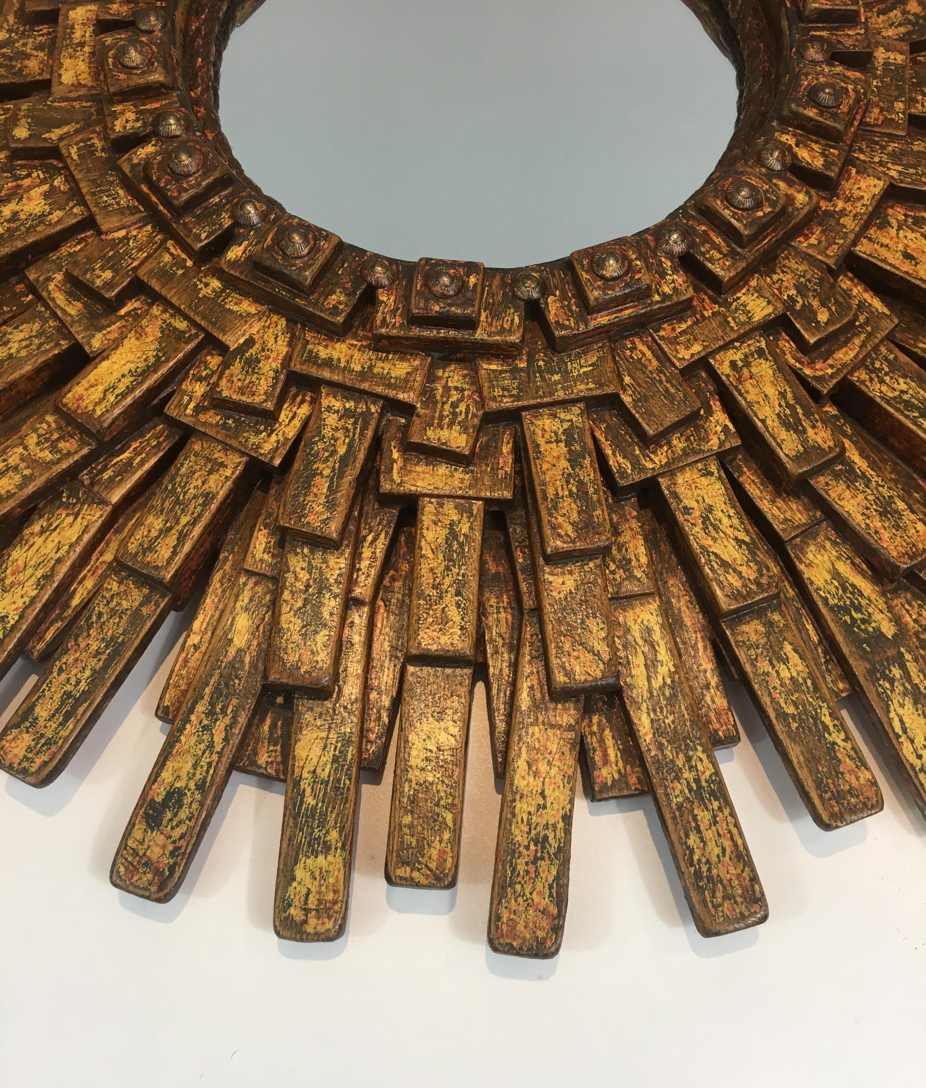 Unique Brutalist Mirror Made of Painted Wood, Rope & Old Iron Nails, Signed Arbo For Sale 2