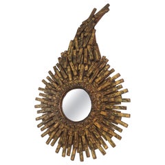 Miroir brutaliste unique en bois peint, corde et clous en fer ancien, signé ARBO