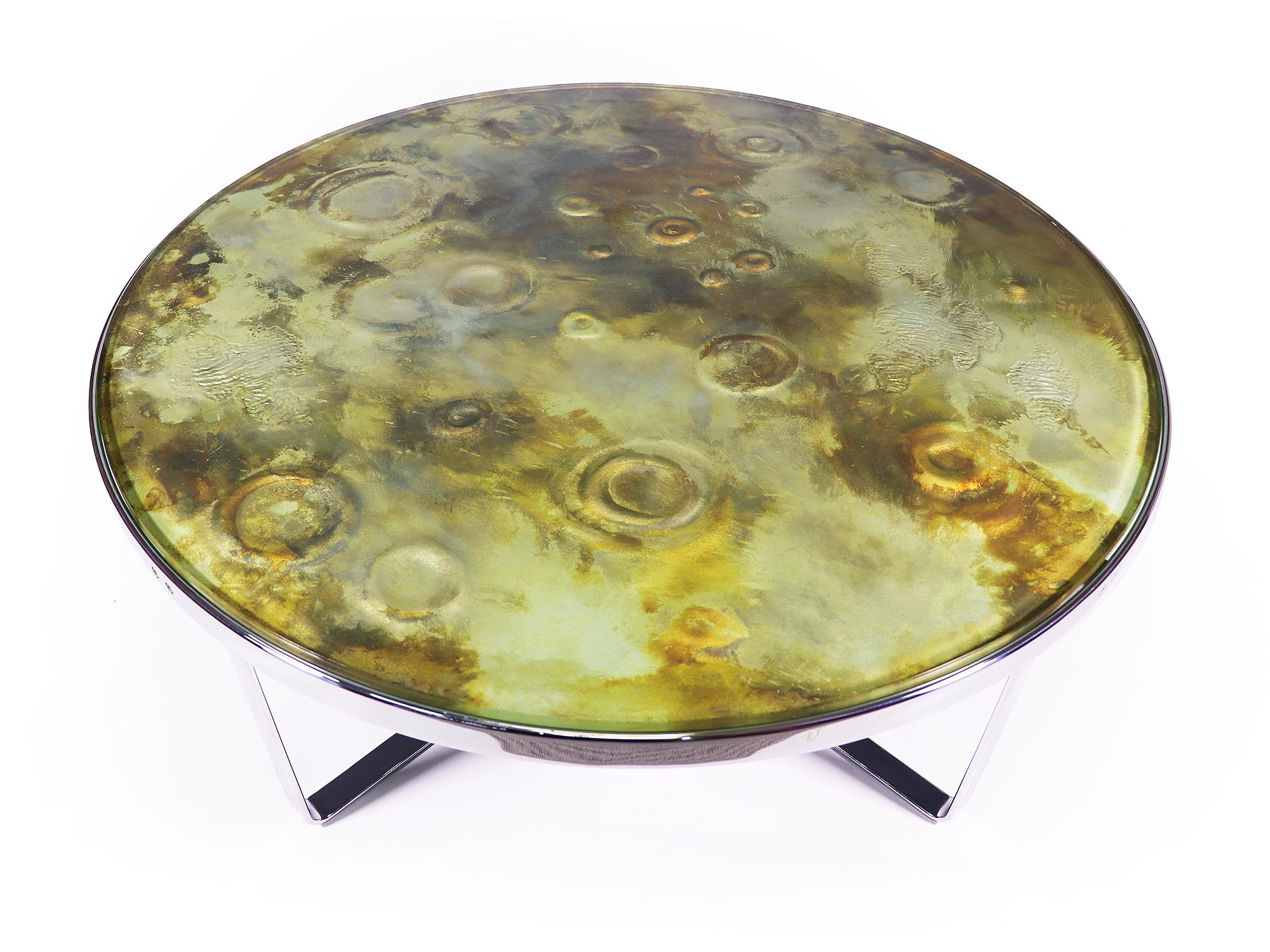 Unique Brutalist Round Moon Crater Coffee Table Glass & Chrome, Germany 1970 For Sale 5