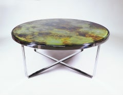 Unique Brutalist Round Moon Crater Coffee Table Glass & Chrome, Germany 1970