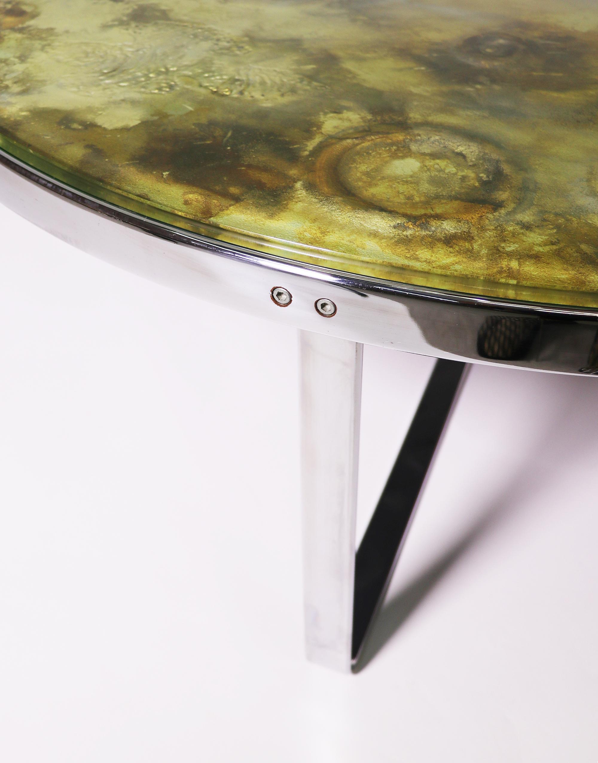 Unique Brutalist Round Moon Crater Coffee Table Glass & Chrome, Germany 1970 In Good Condition For Sale In Niederdorfelden, Hessen