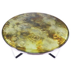 Unique Brutalist Round Moon Crater Coffee Table Glass & Chrome, Germany 1970