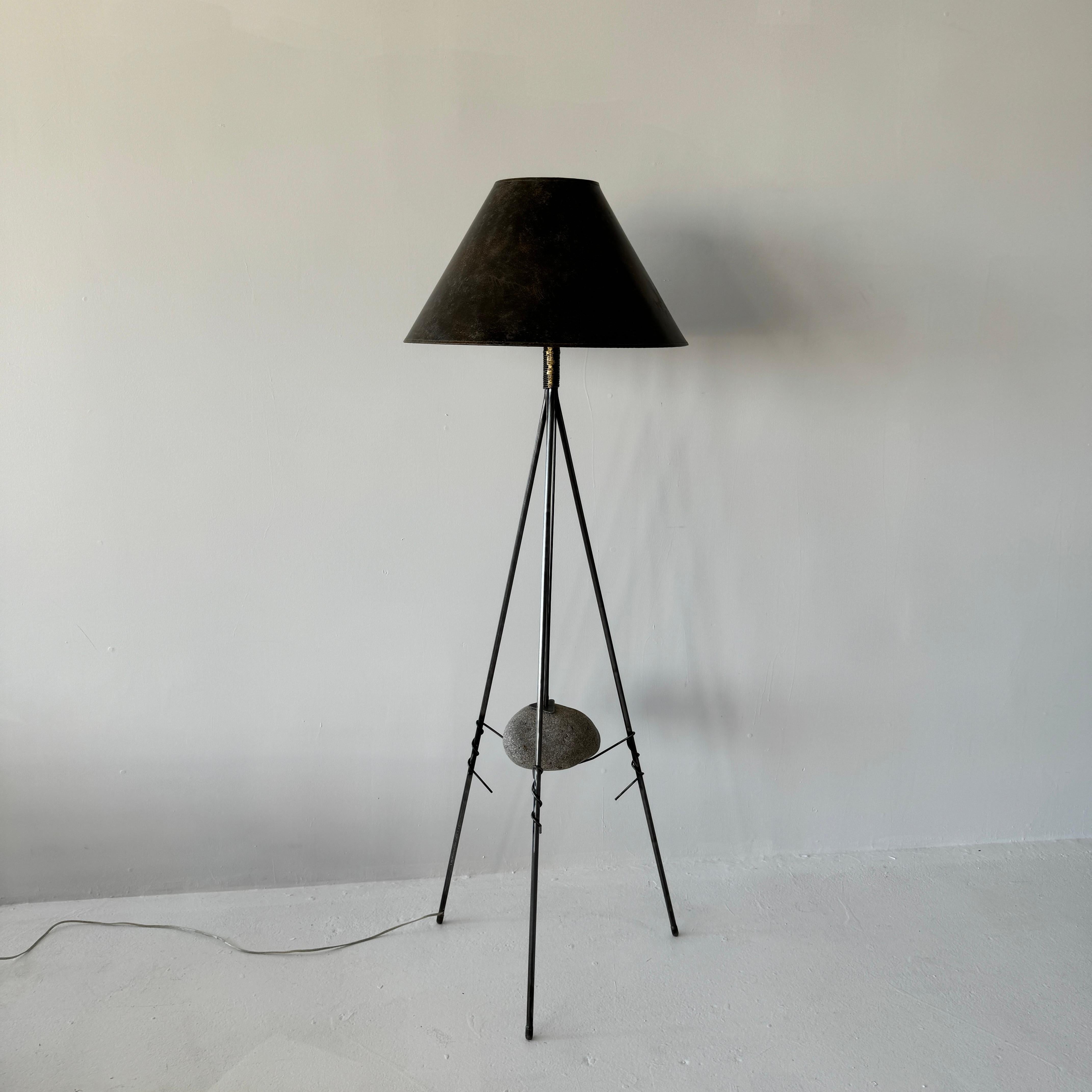 Post-Modern unique brutalist suspended stone floor lamp with twisted metal