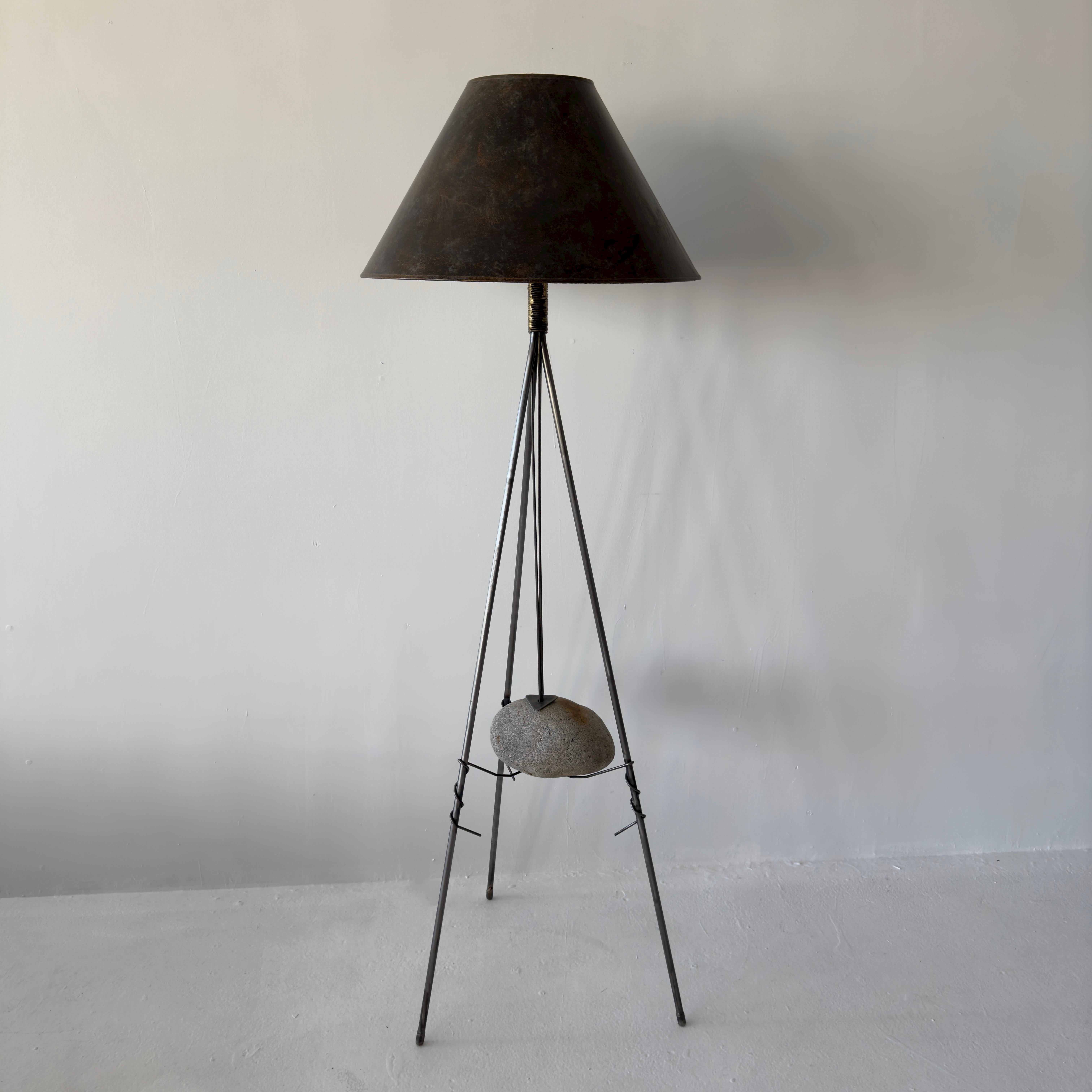American unique brutalist suspended stone floor lamp with twisted metal