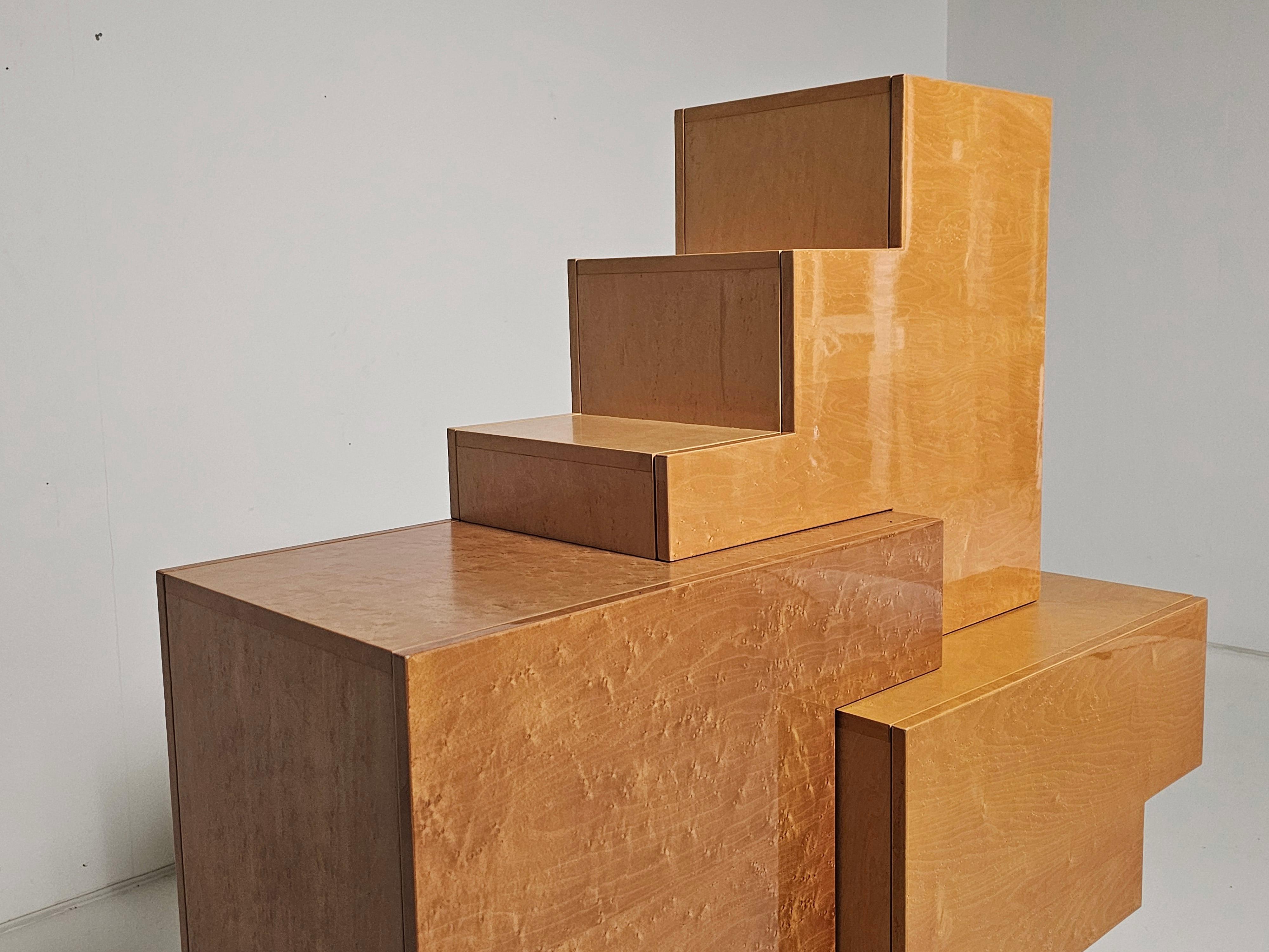 Unique burlwood sculptural cubist cabinet, italy, 1990s For Sale 7
