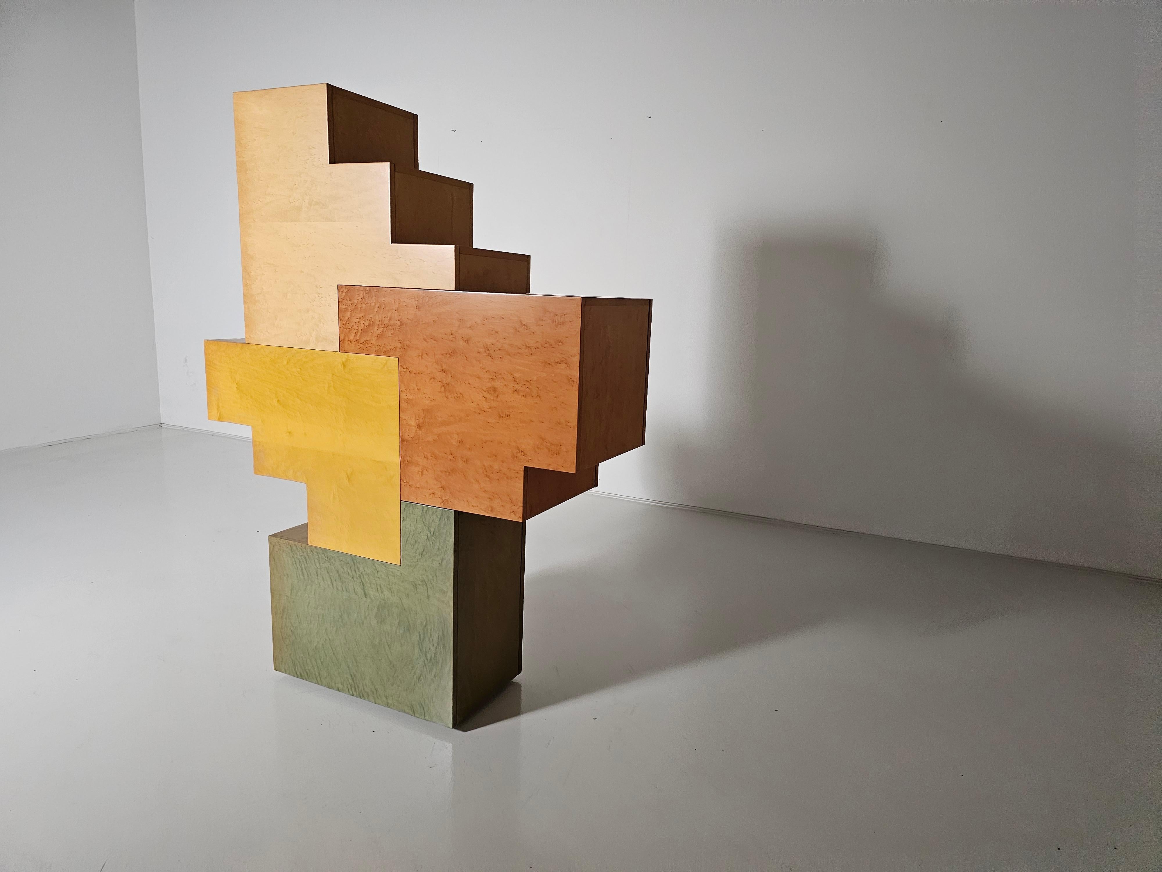Unique burlwood sculptural cubist cabinet, italy, 1990s For Sale 8