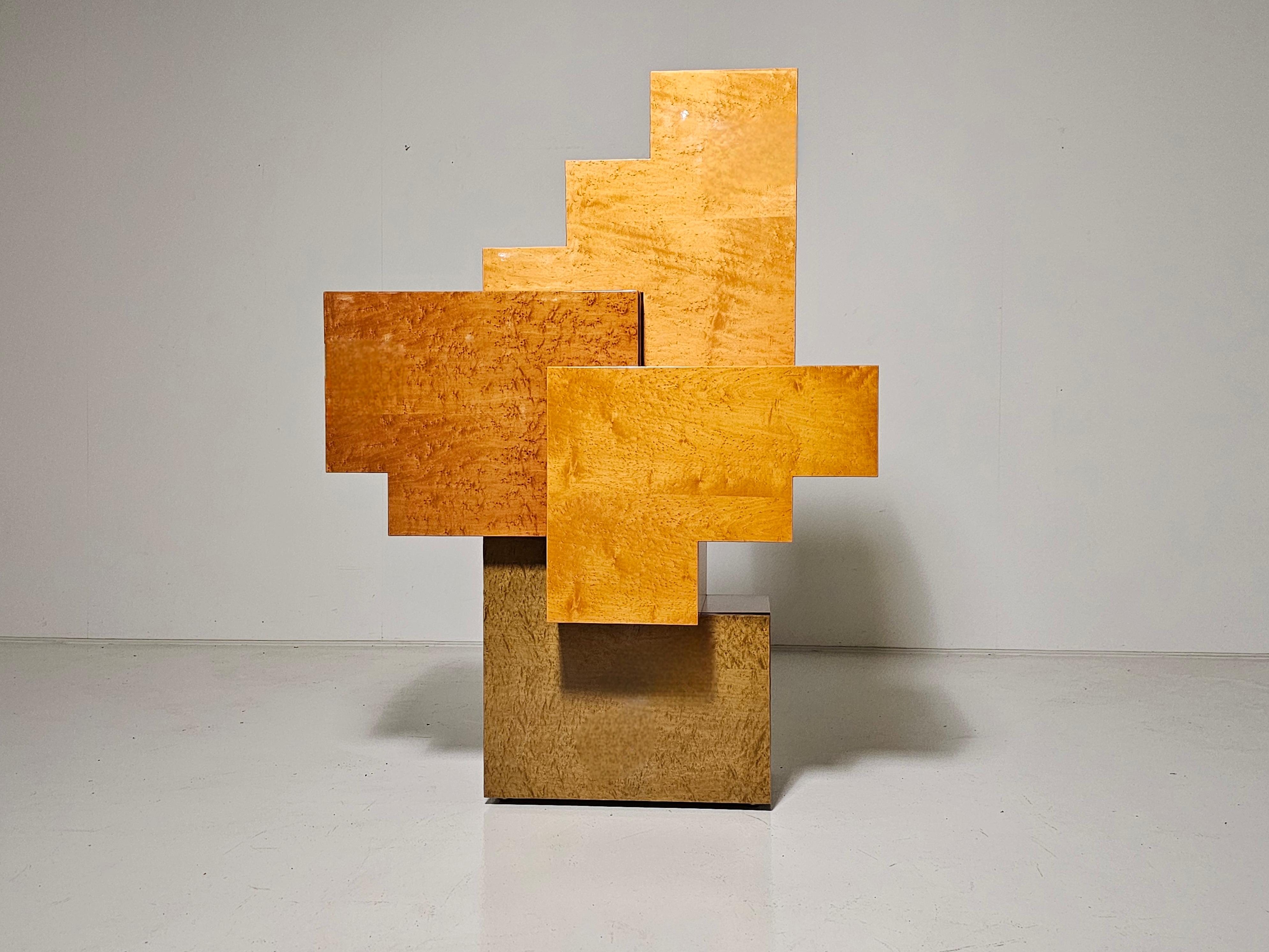 Mid-Century Modern Unique burlwood sculptural cubist cabinet, italy, 1990s For Sale