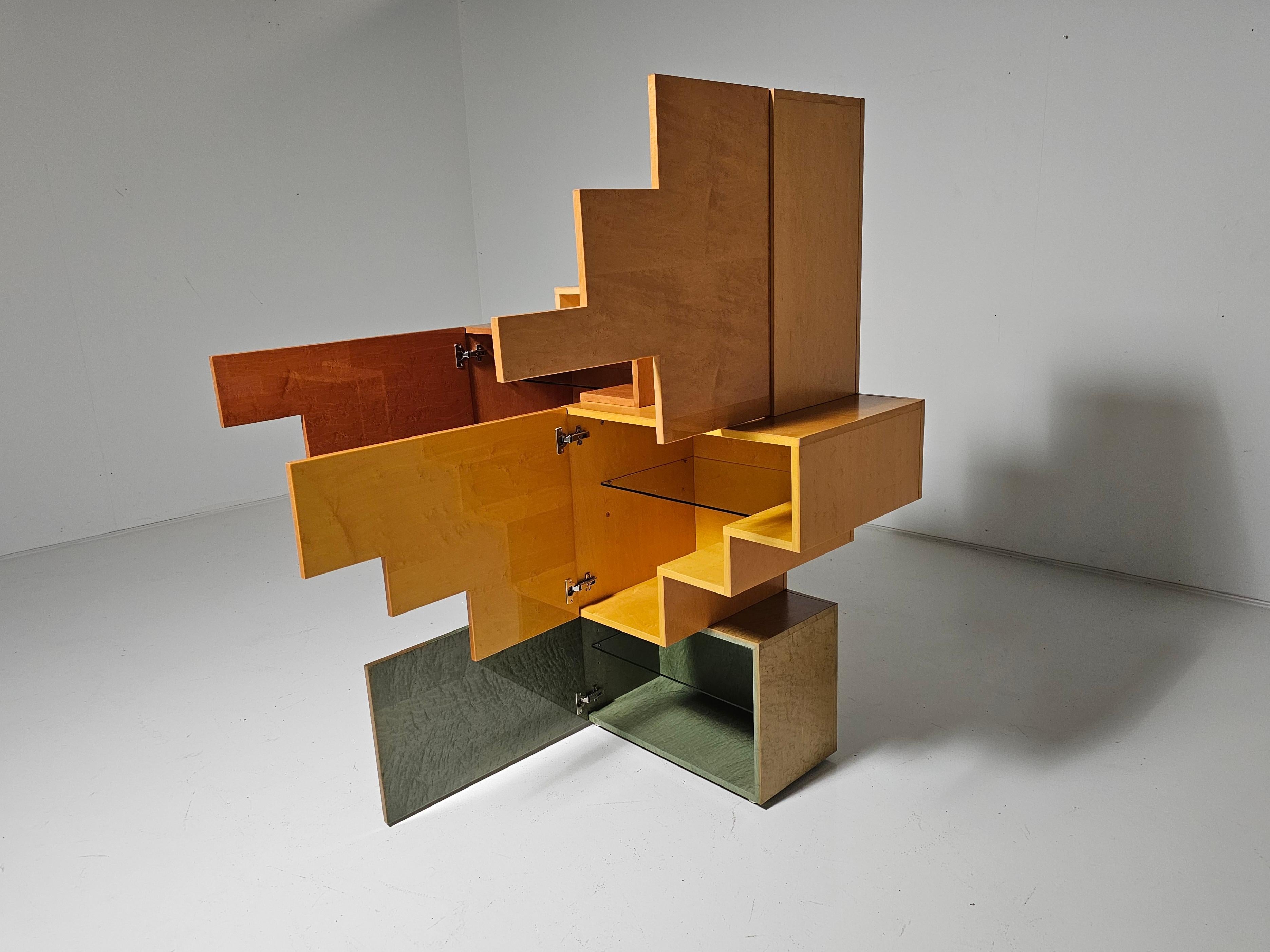 European Unique burlwood sculptural cubist cabinet, italy, 1990s