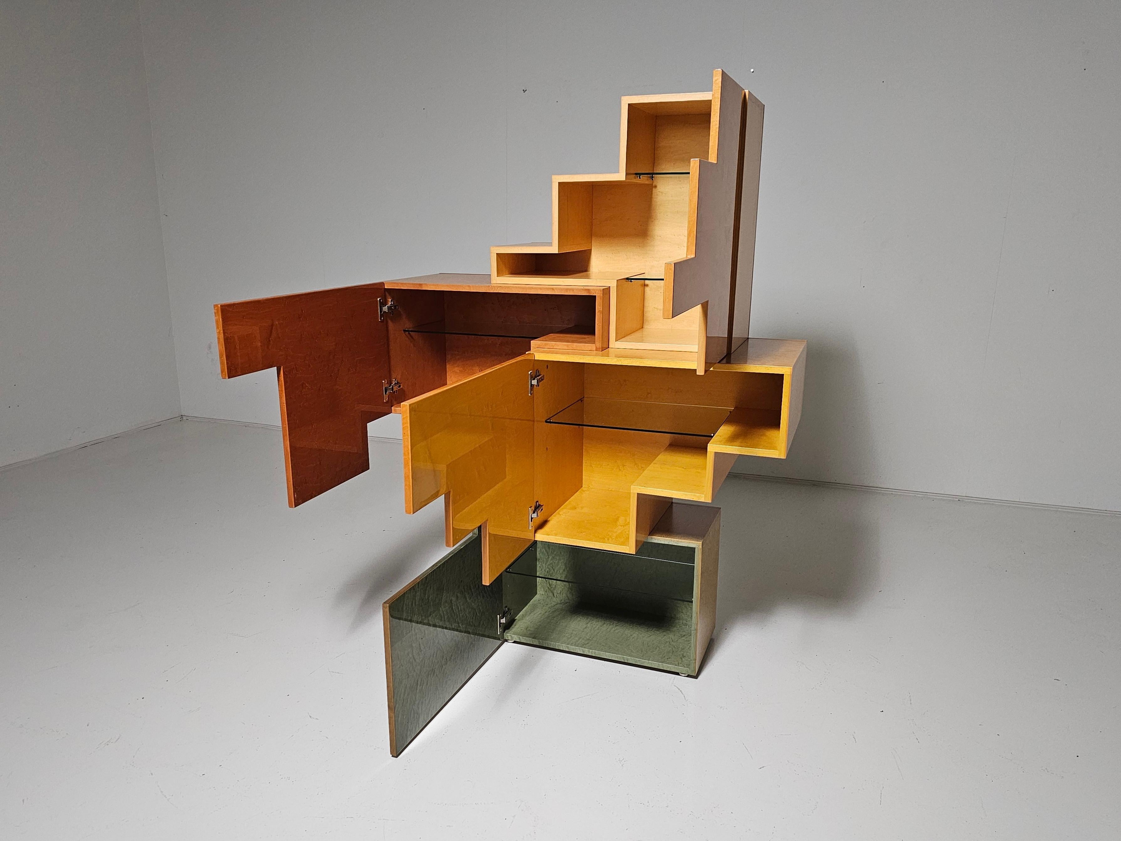 Late 20th Century Unique burlwood sculptural cubist cabinet, italy, 1990s For Sale