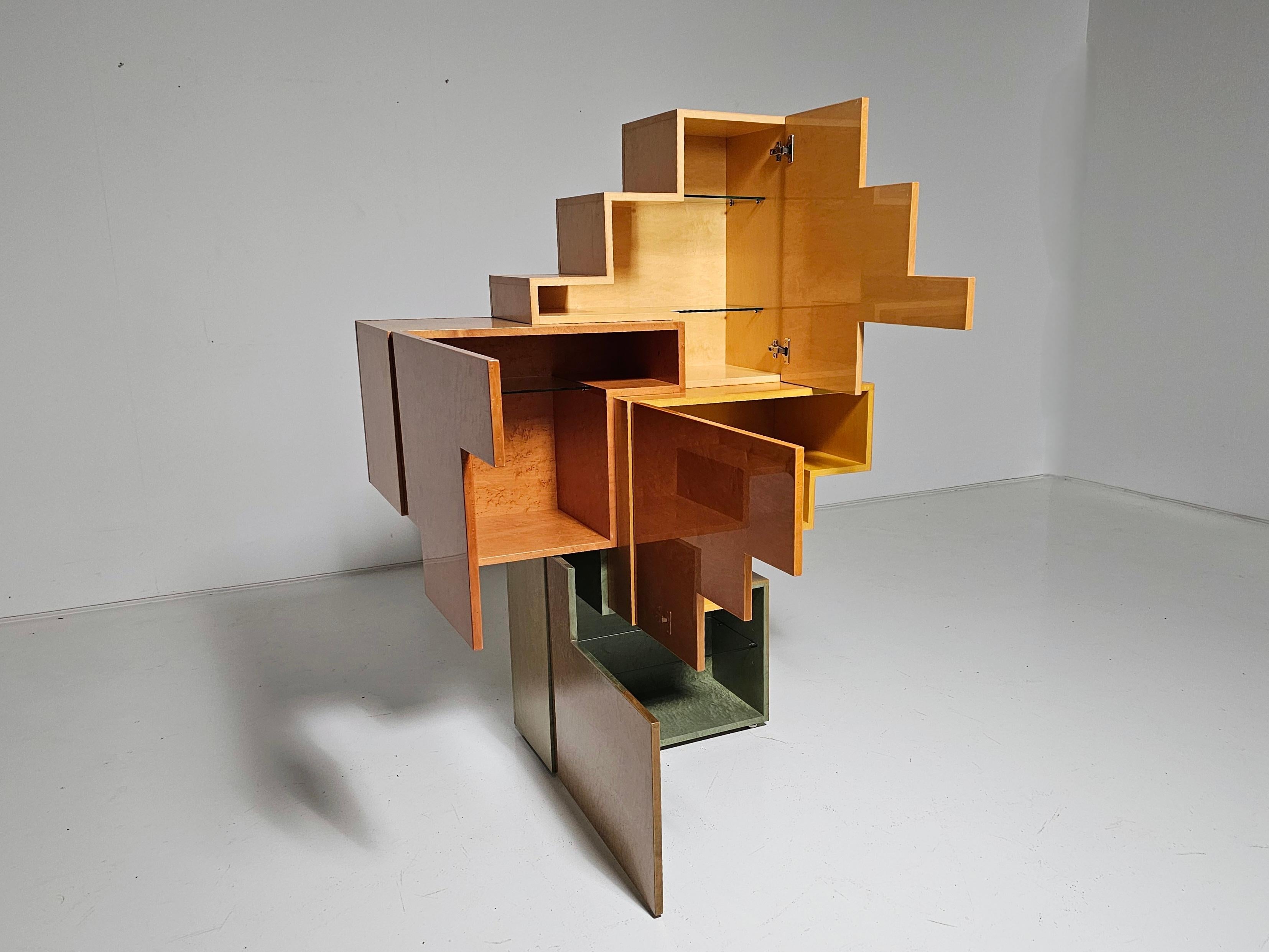 Glass Unique burlwood sculptural cubist cabinet, italy, 1990s For Sale