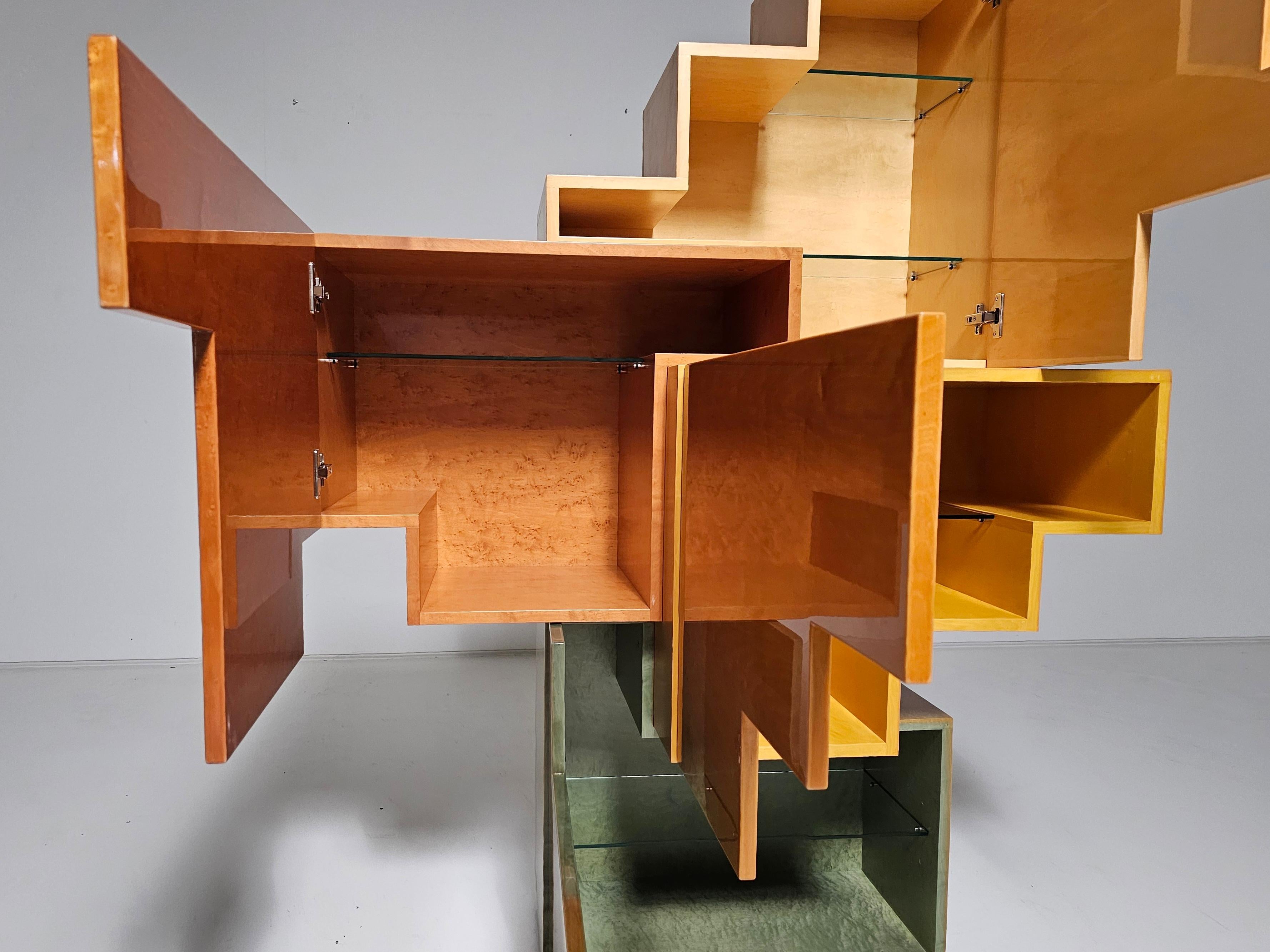Unique burlwood sculptural cubist cabinet, italy, 1990s 2