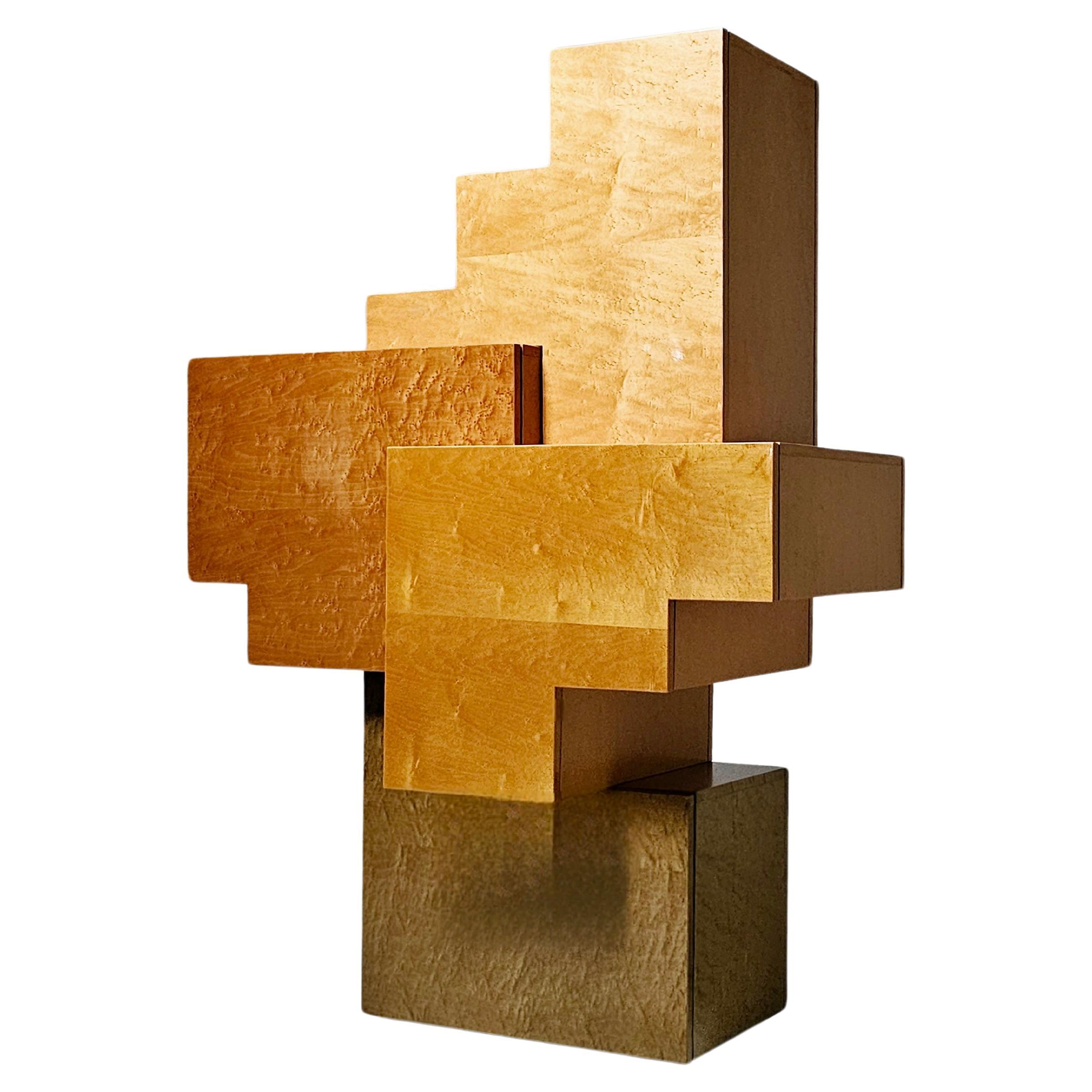 Unique burlwood sculptural cubist cabinet, italy, 1990s For Sale