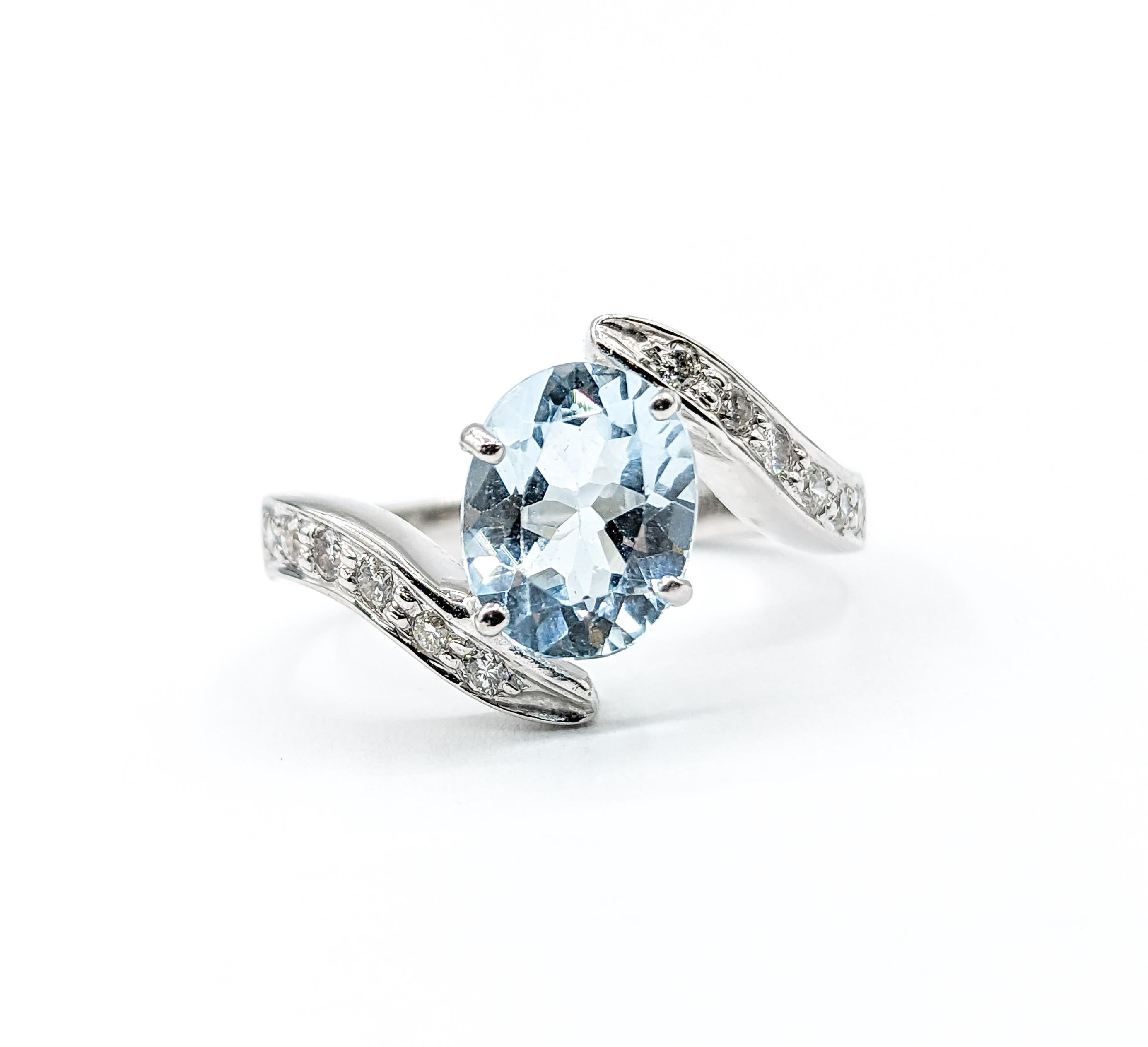 Unique Bypass Aquamarine & Diamond Ring in White Gold For Sale 4