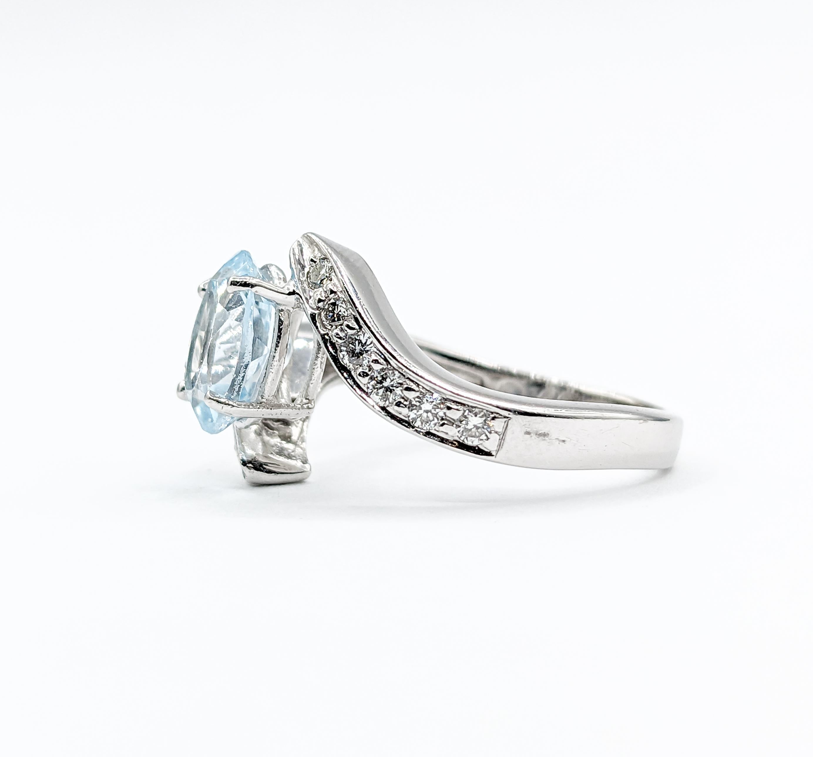 Unique Bypass Aquamarine & Diamond Ring in White Gold For Sale 2
