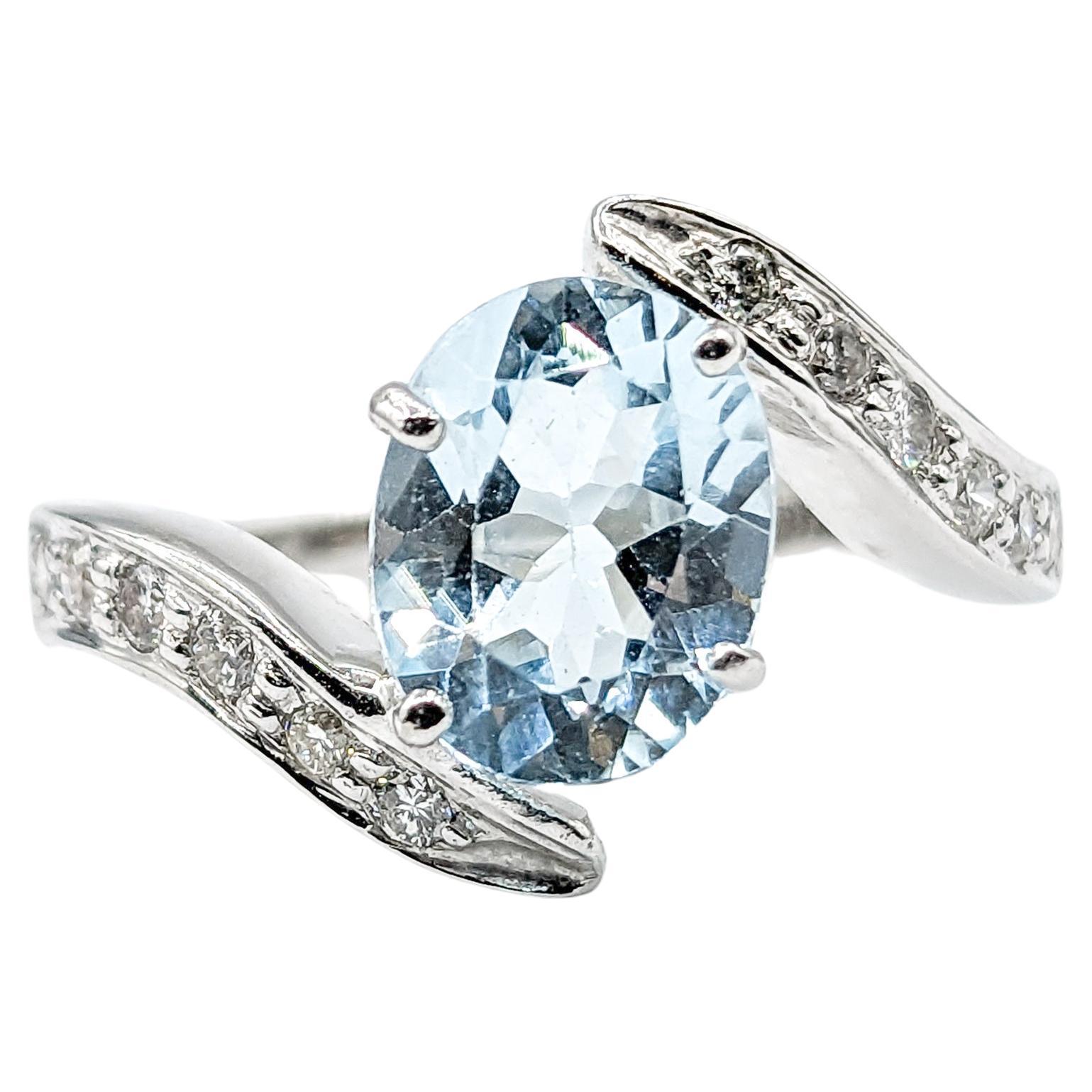 Unique Bypass Aquamarine & Diamond Ring in White Gold For Sale