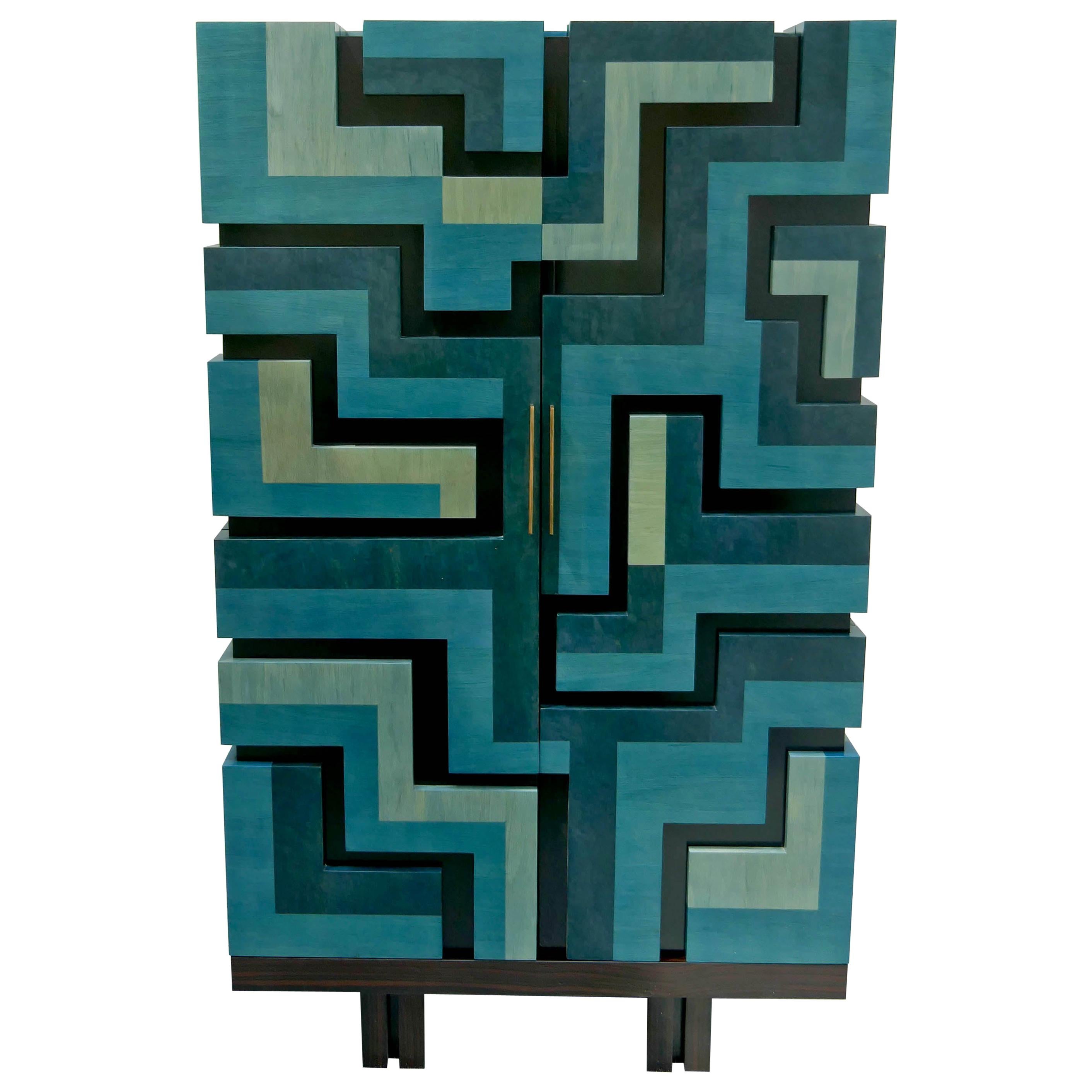  Cabinet "Labyrinthe" in Bleu and Grey Tinted Charm By Aymeric Lefort