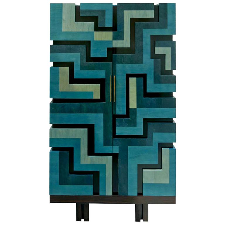  Cabinet "Labyrinthe" in Bleu and Grey Tinted Charm by Aymeric Lefort For Sale