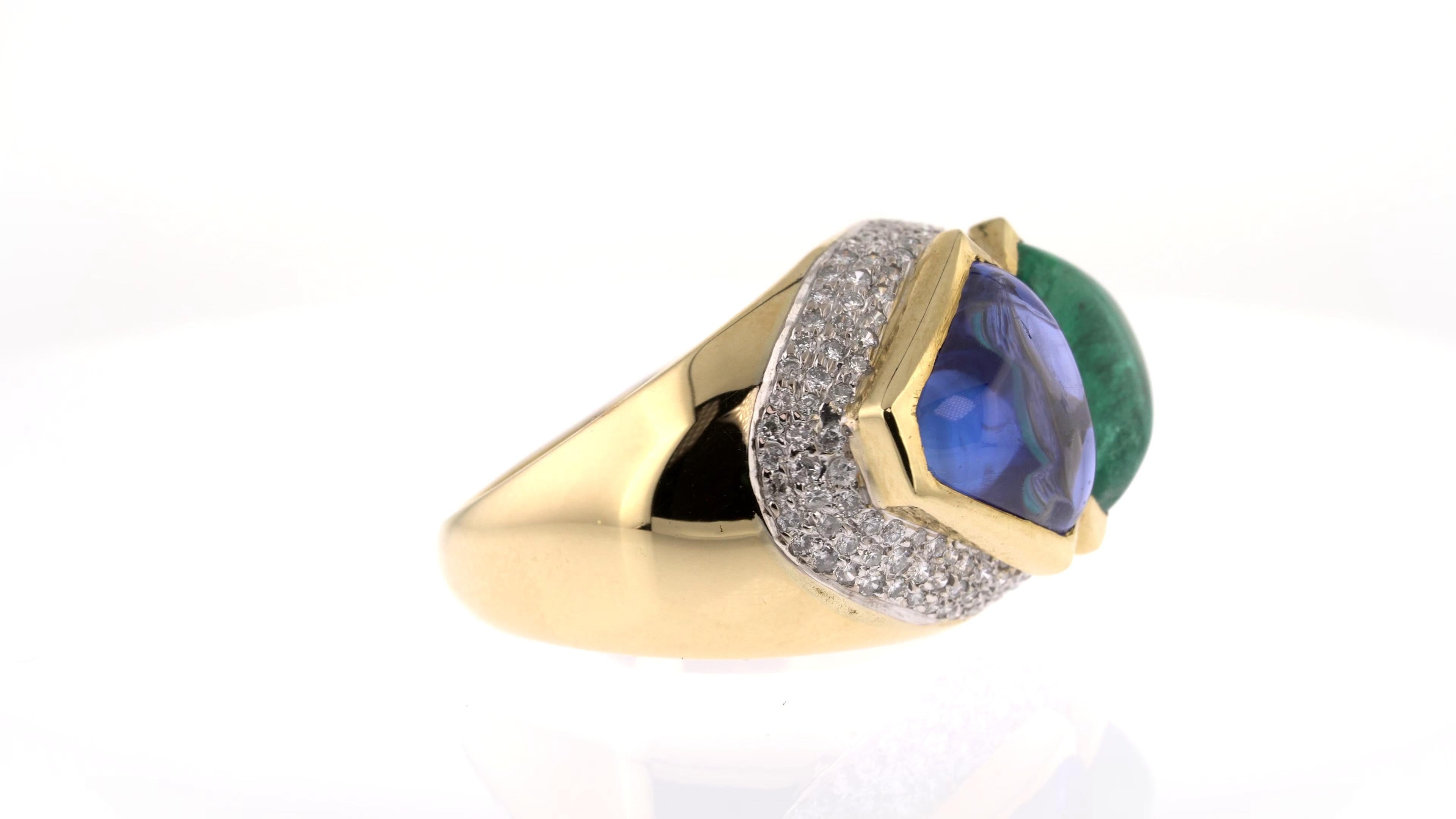 Retro Unique Cabochon Sapphire and Emerald Ring with Pavé Diamonds For Sale