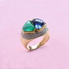 Unique Cabochon Sapphire and Emerald Ring with Pavé Diamonds