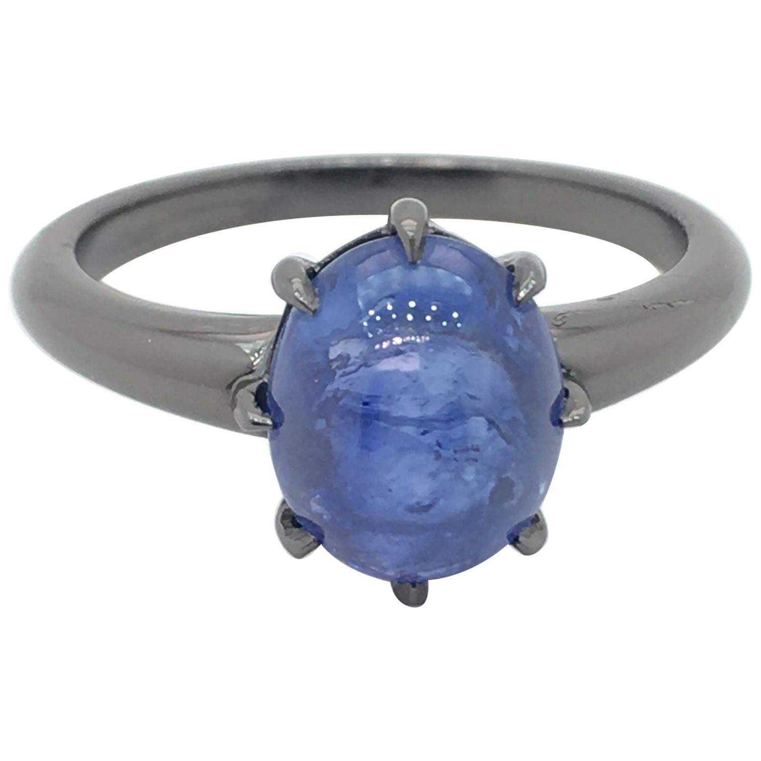 3.61 Carats Cabochon Sapphire Ring Set in 18k Black - Another Haruni Special For Sale