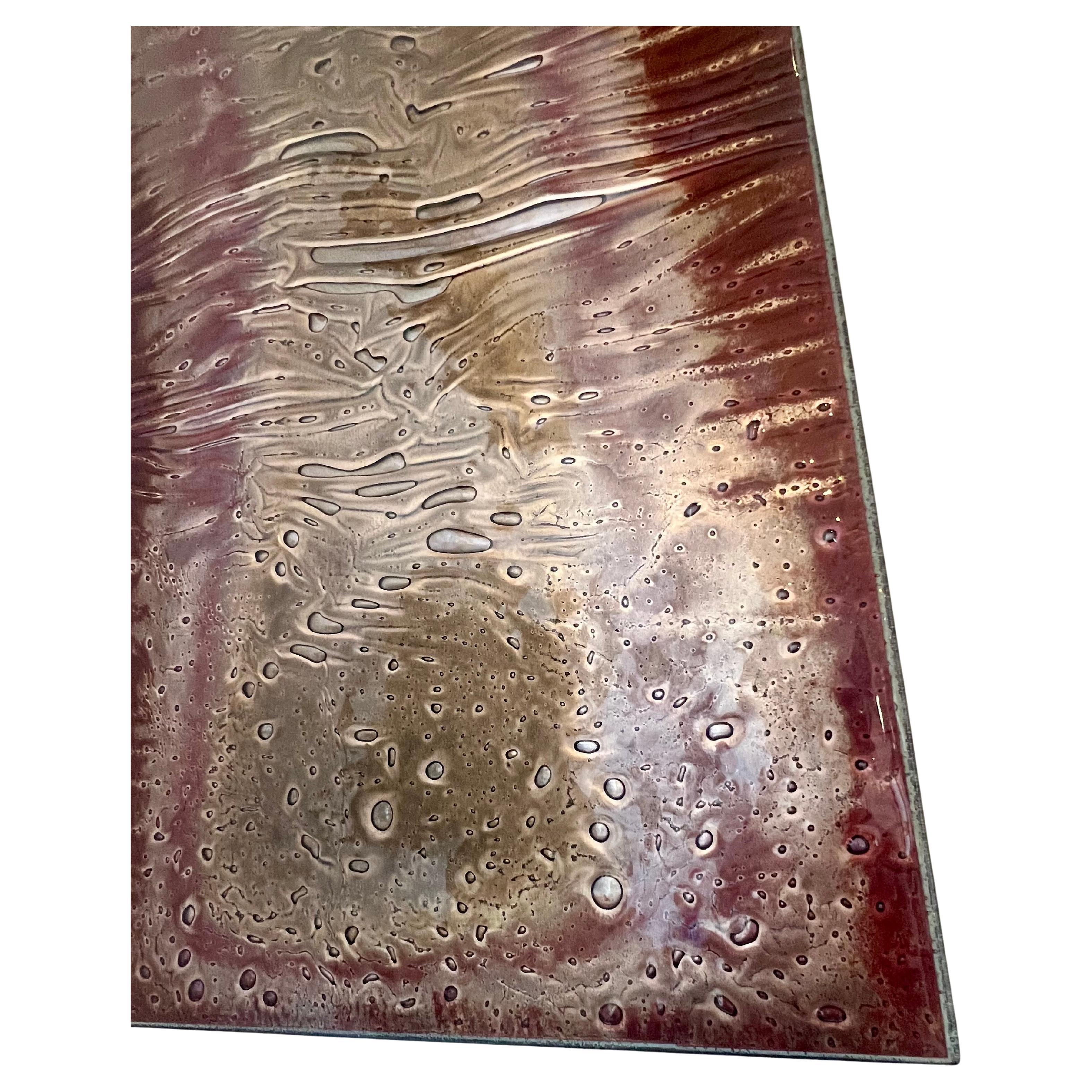 Unique custom made red glass tile with Gold by Anna Cabo San Diego California , very cool great piece she was comissioned by the city of Santa Monica Ca. to do a project bus shelters . Has Steel attachments in the back to hang it horizontal &
