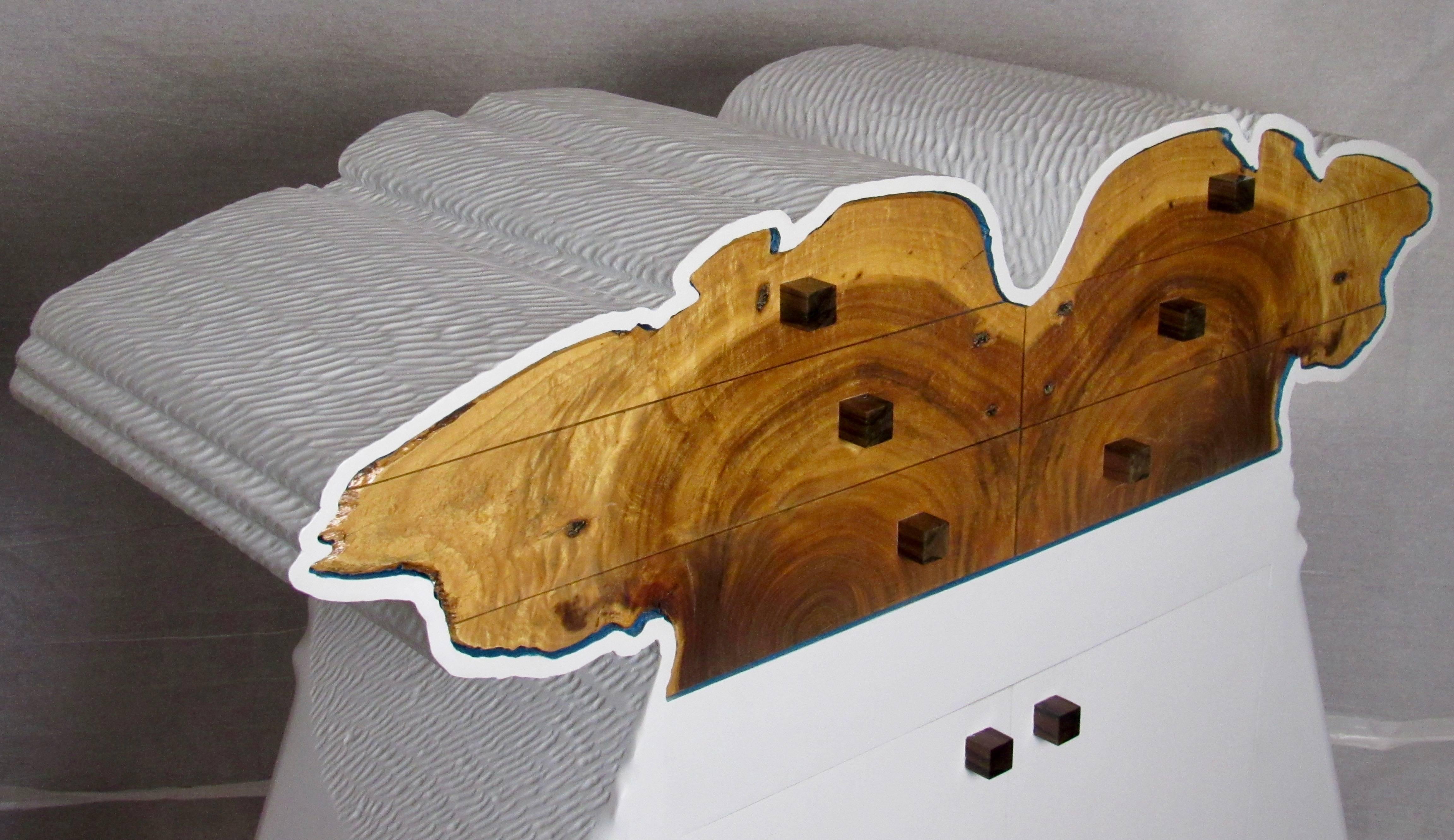 Carved 1980s Charles Cobb Studio California Cherub Chest Figured Acacia and Lacquer For Sale