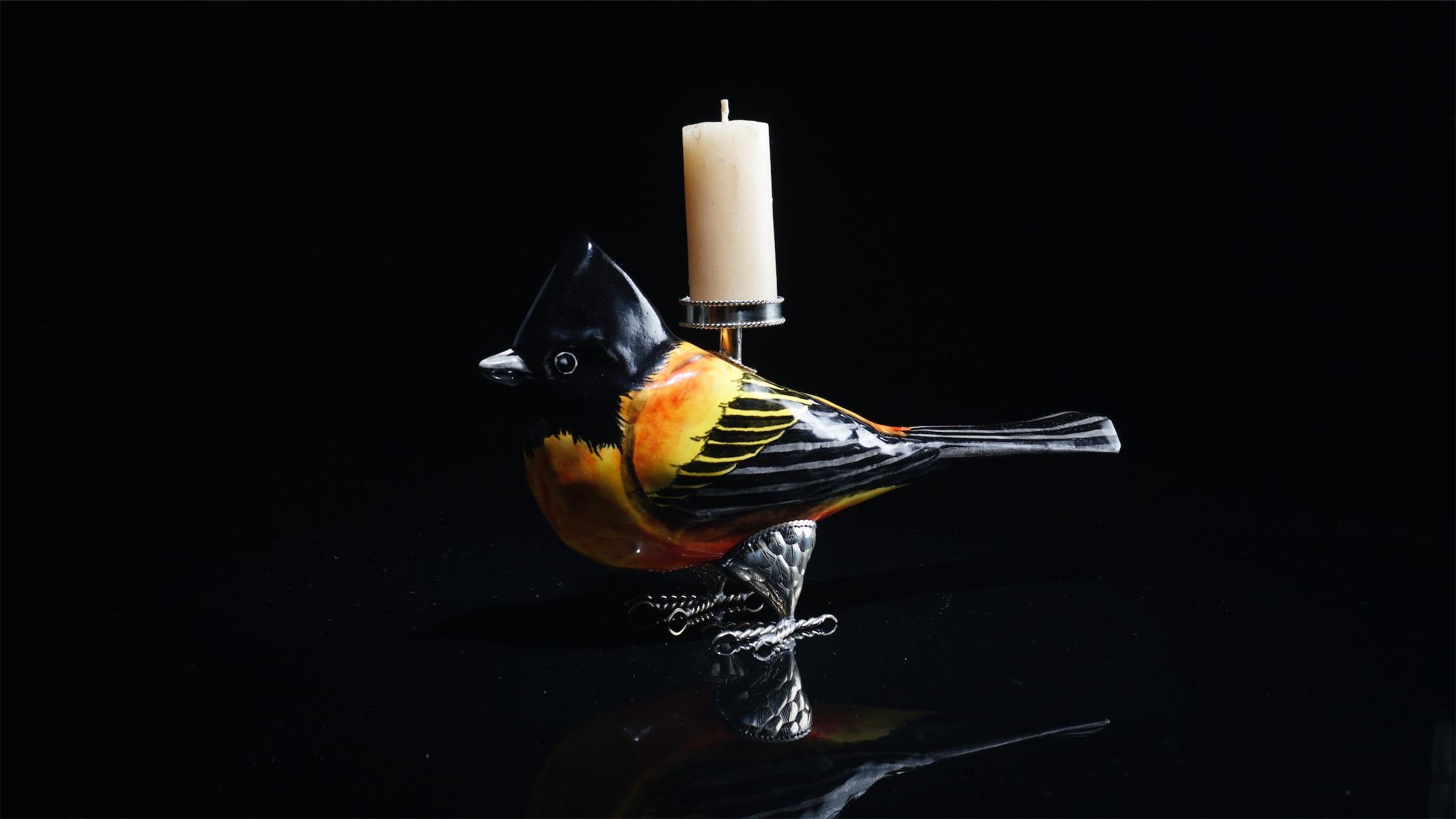 Glazed Unique Candle Holder Ceramic Bird and White Metal by Estudio Guerrero For Sale