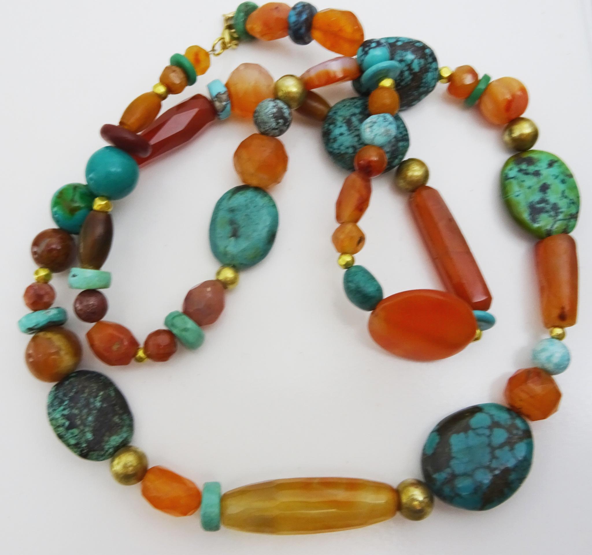 Artisan Unique Carnelian , Turquoise and Gold Bead Flapper Necklace For Sale