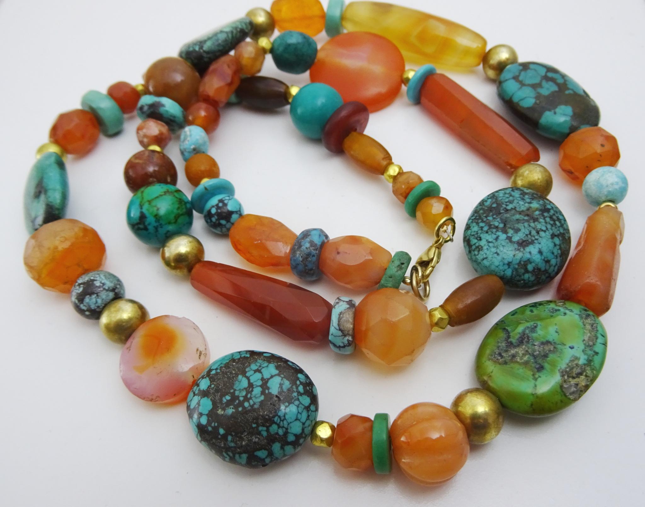 Unique Carnelian , Turquoise and Gold Bead Flapper Necklace In New Condition For Sale In Jerusalem, IL