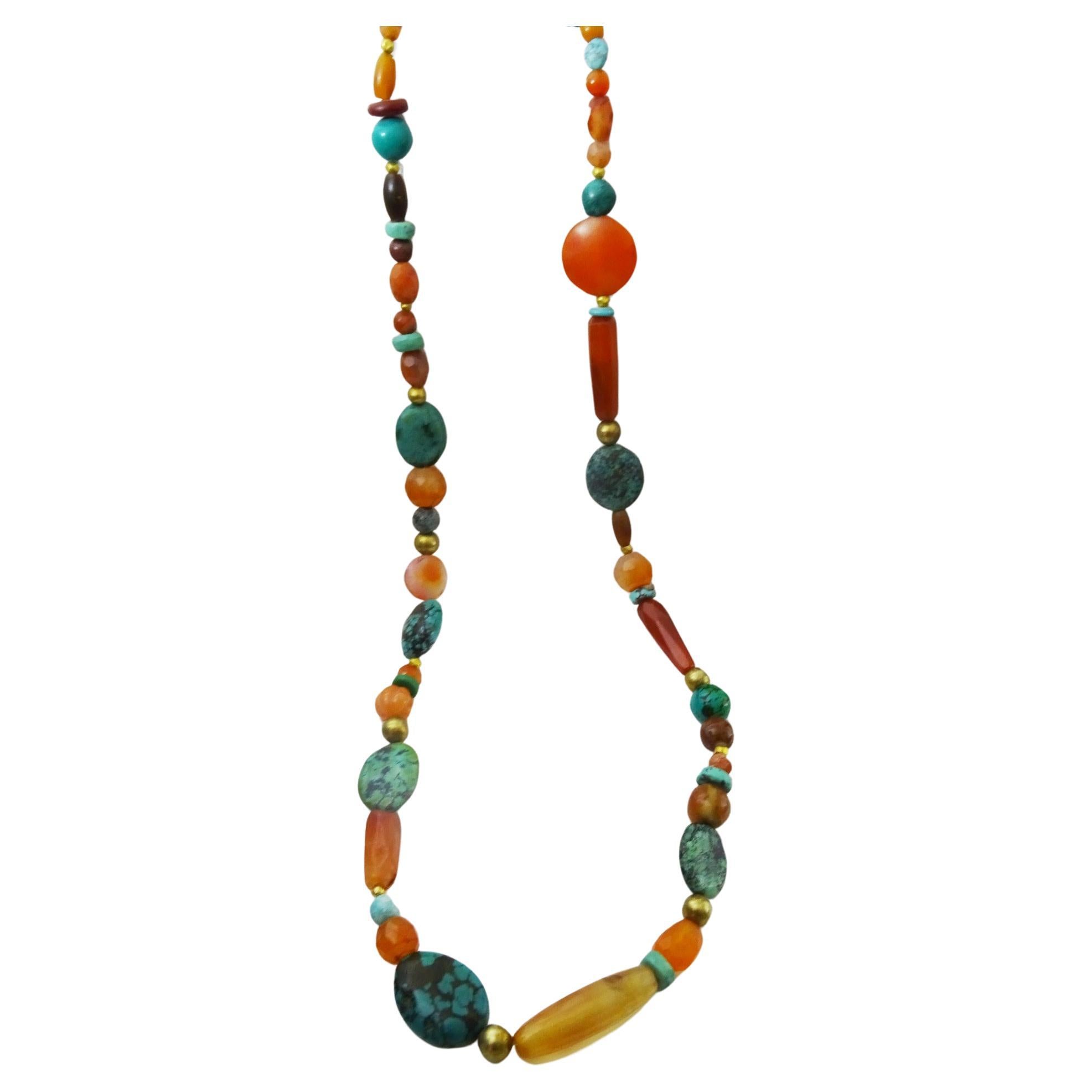 Einzigartige Flapper-Halskette aus Karneol, Türkis und Goldperlen