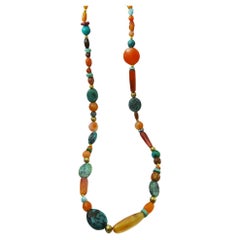 Vintage Unique Carnelian , Turquoise and Gold Bead Flapper Necklace
