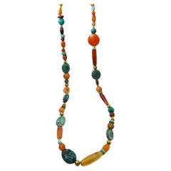 Collier Flapper unique en cornaline, turquoise et perles d'or