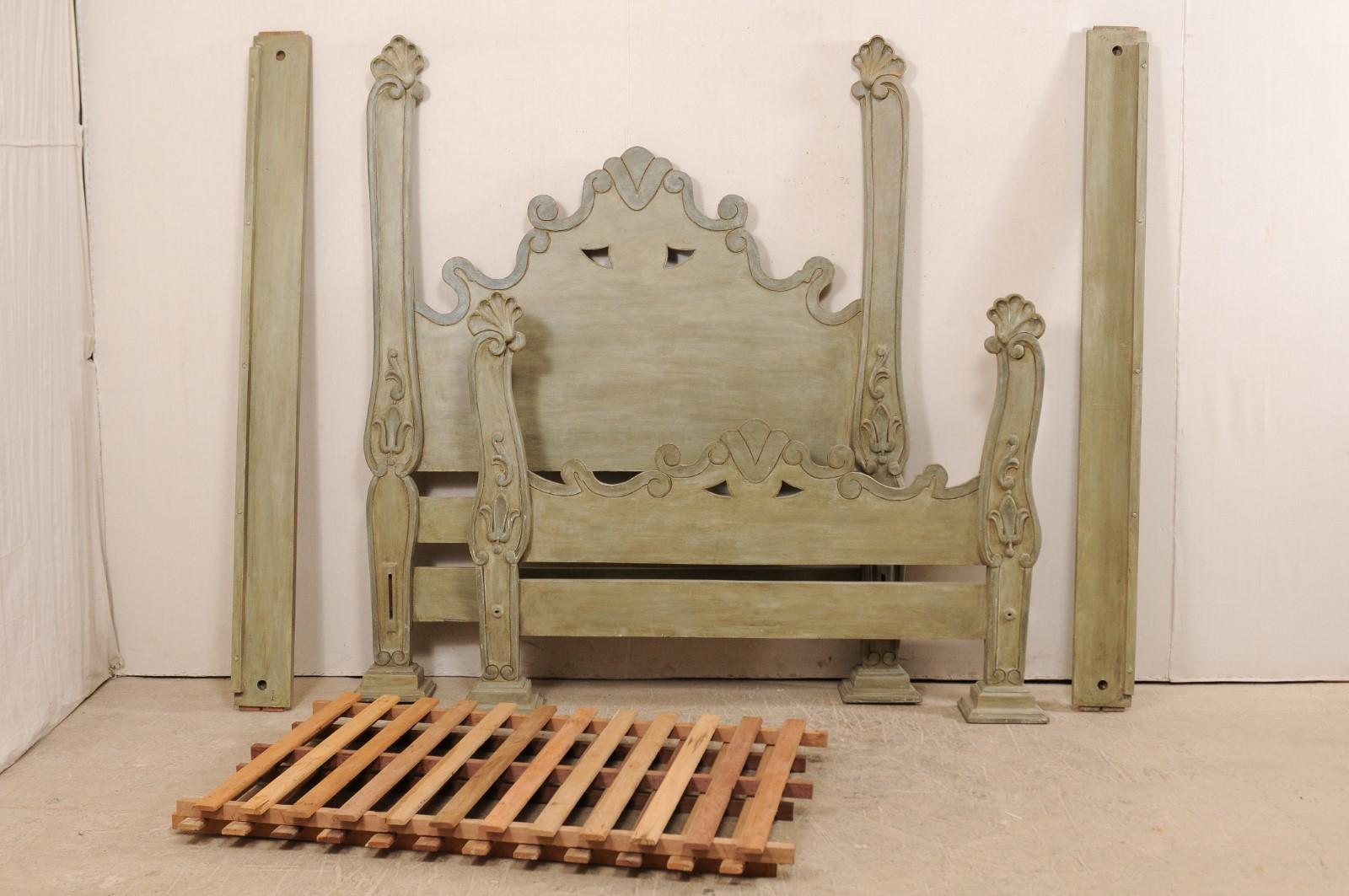 Unique Carved and Painted Wood Queen Bed Frame from Brazil 1