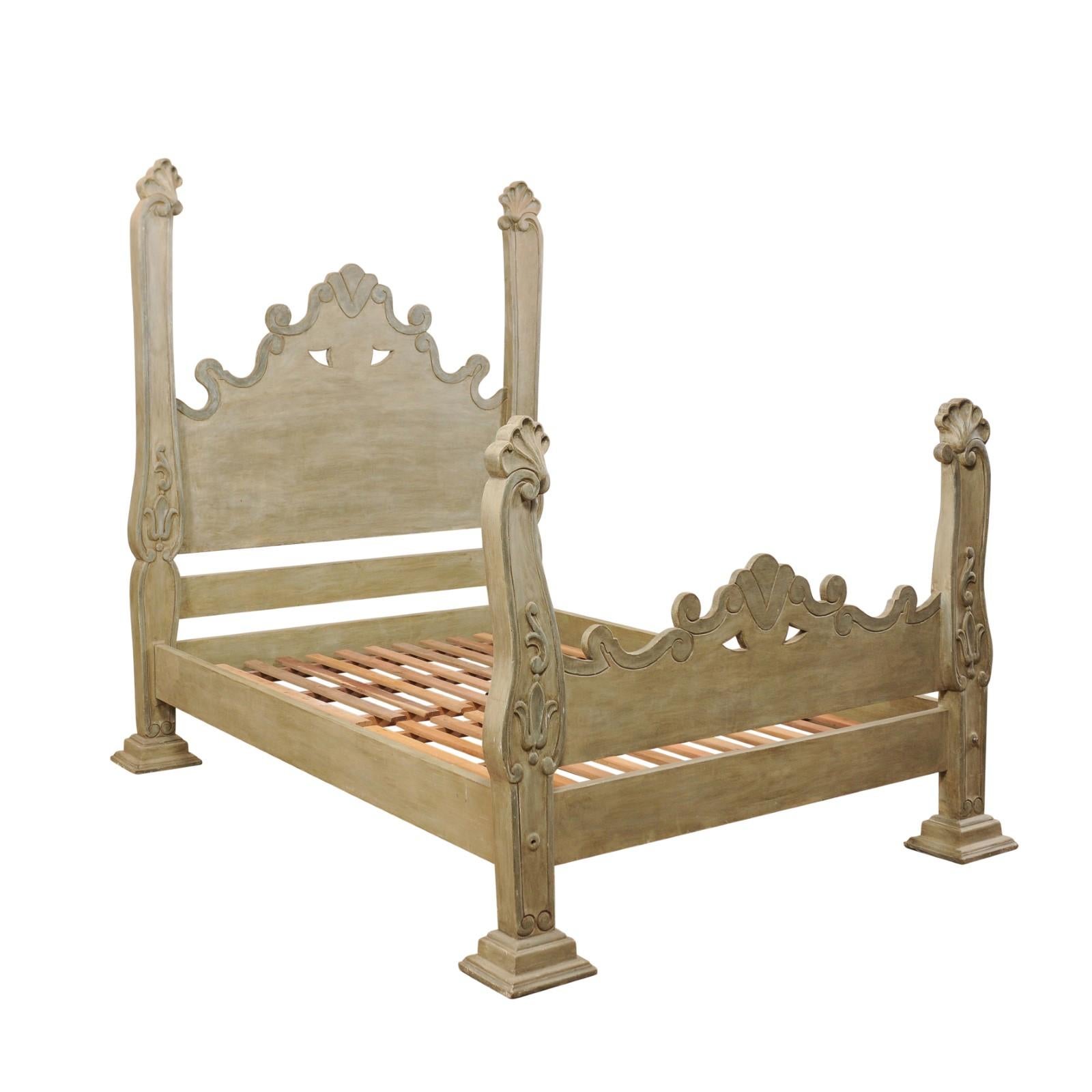 Unique Carved and Painted Wood Queen Bed Frame from Brazil