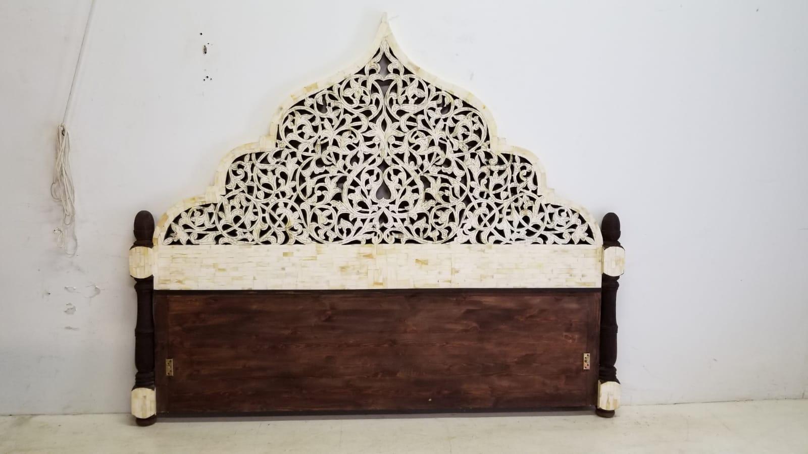 Carved camel bone King-size bed from Morocco and it come with three decorative rails you can attach to the base.
Measures: Foot board 82 1/4 L x 15 T
Rails 78 3/4 L x12 3/4 D.
