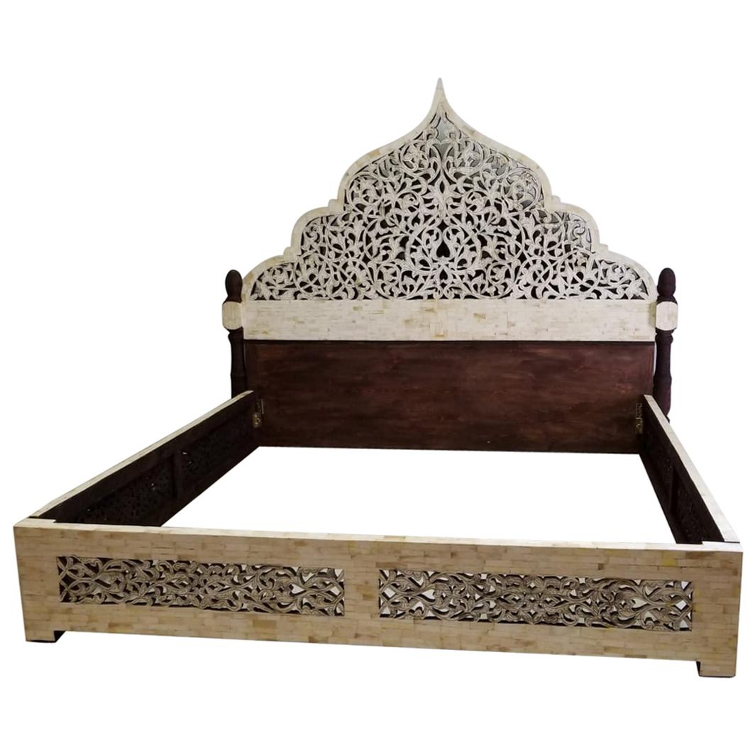 Unique Carved Camel Bone King Size Palace Bed from Morocco For Sale