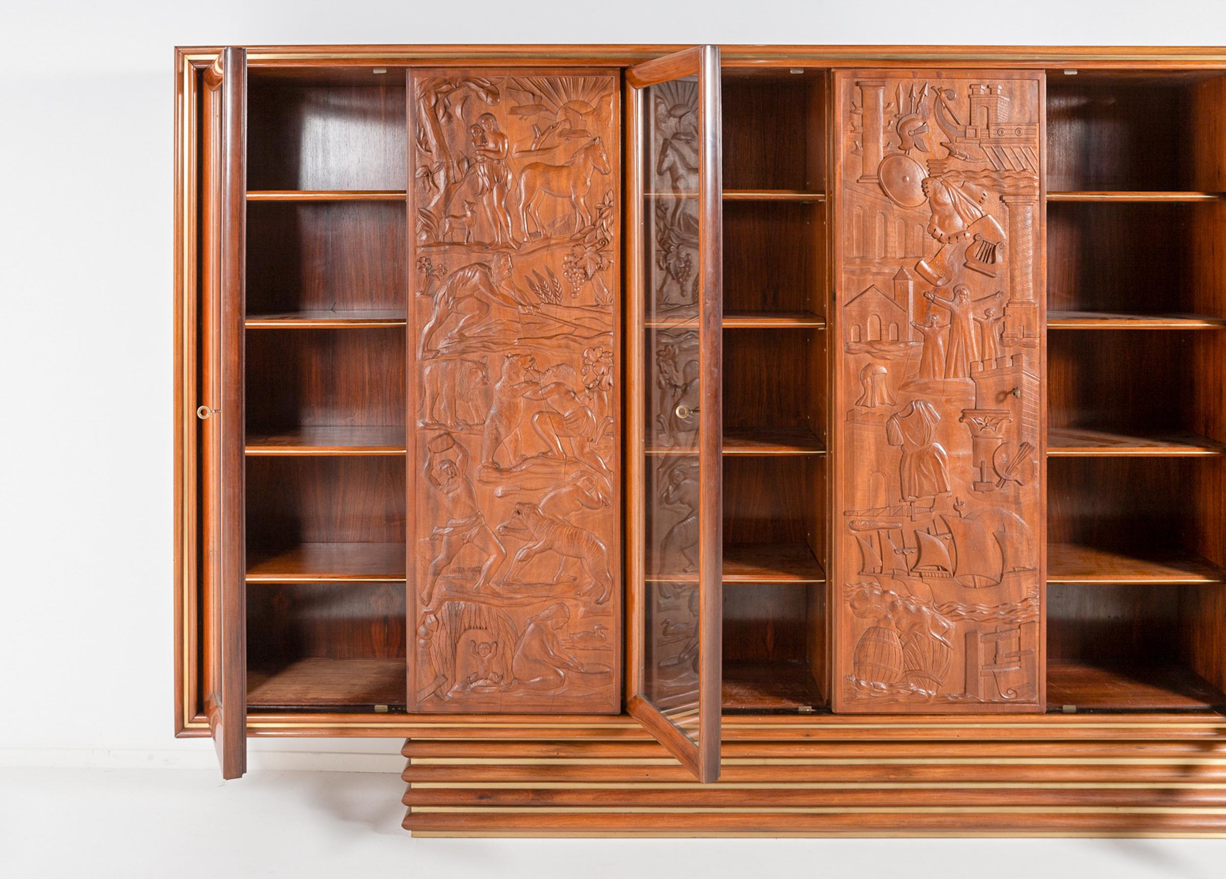 Italian Unique Carved Walnut and Rosewood Display Cabinet For Sale