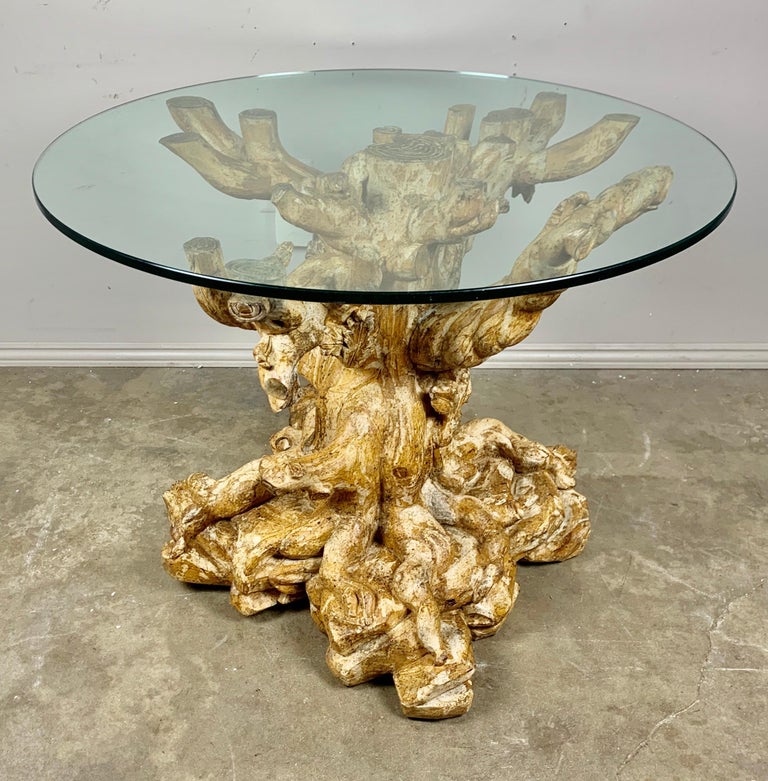 Organic Modern Unique Carved Wood Tree Trunk Table with Glass Top