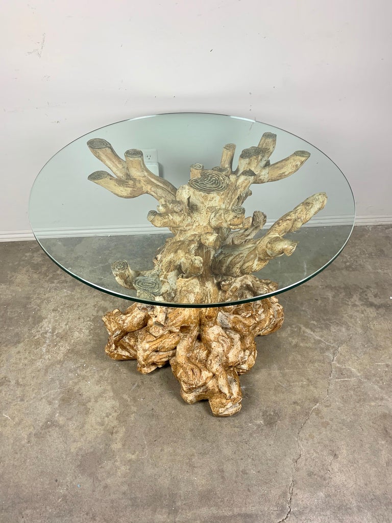 Unknown Unique Carved Wood Tree Trunk Table with Glass Top