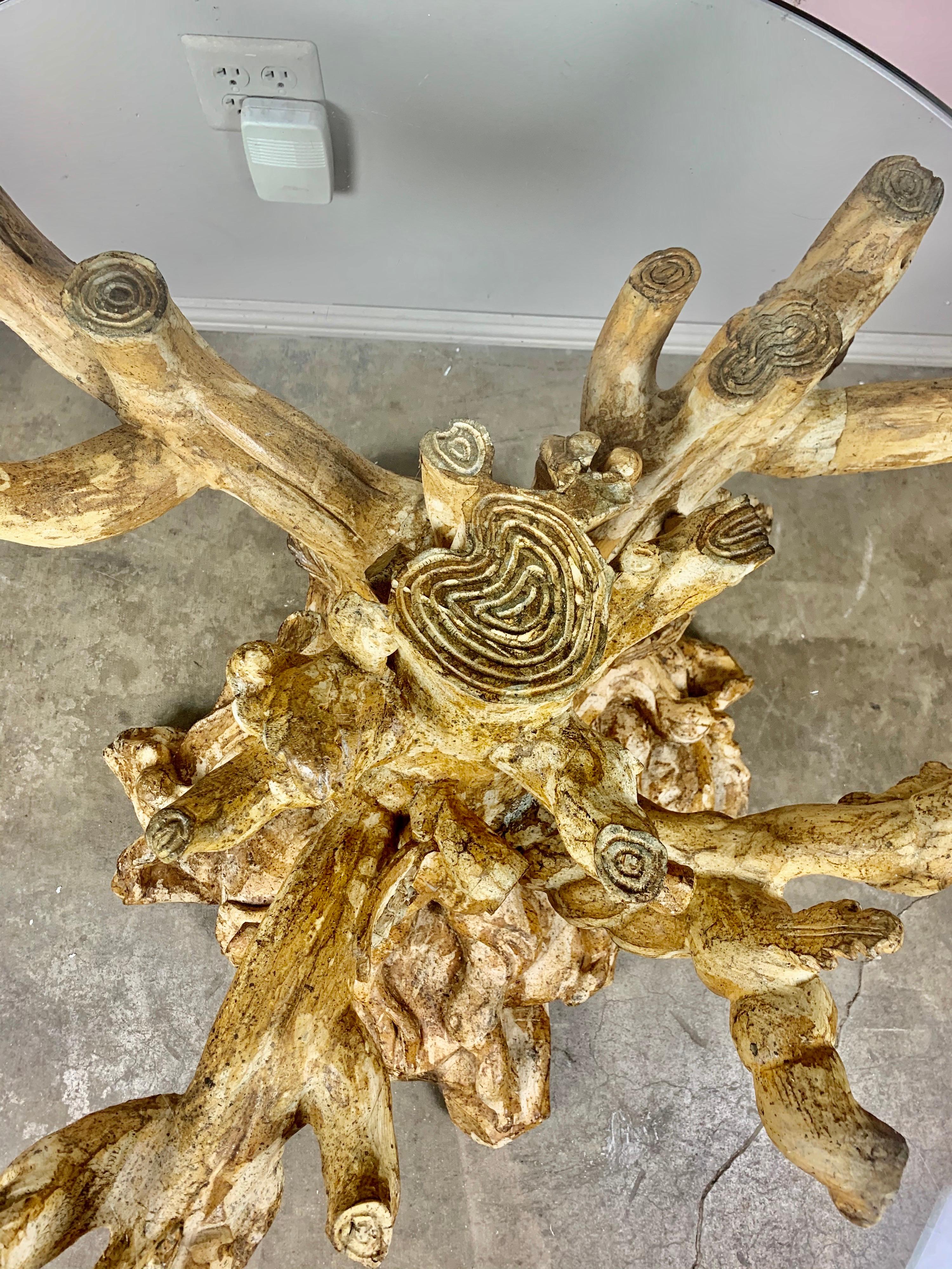 Organic Modern Unique Carved Wood Tree Trunk Table with Glass Top