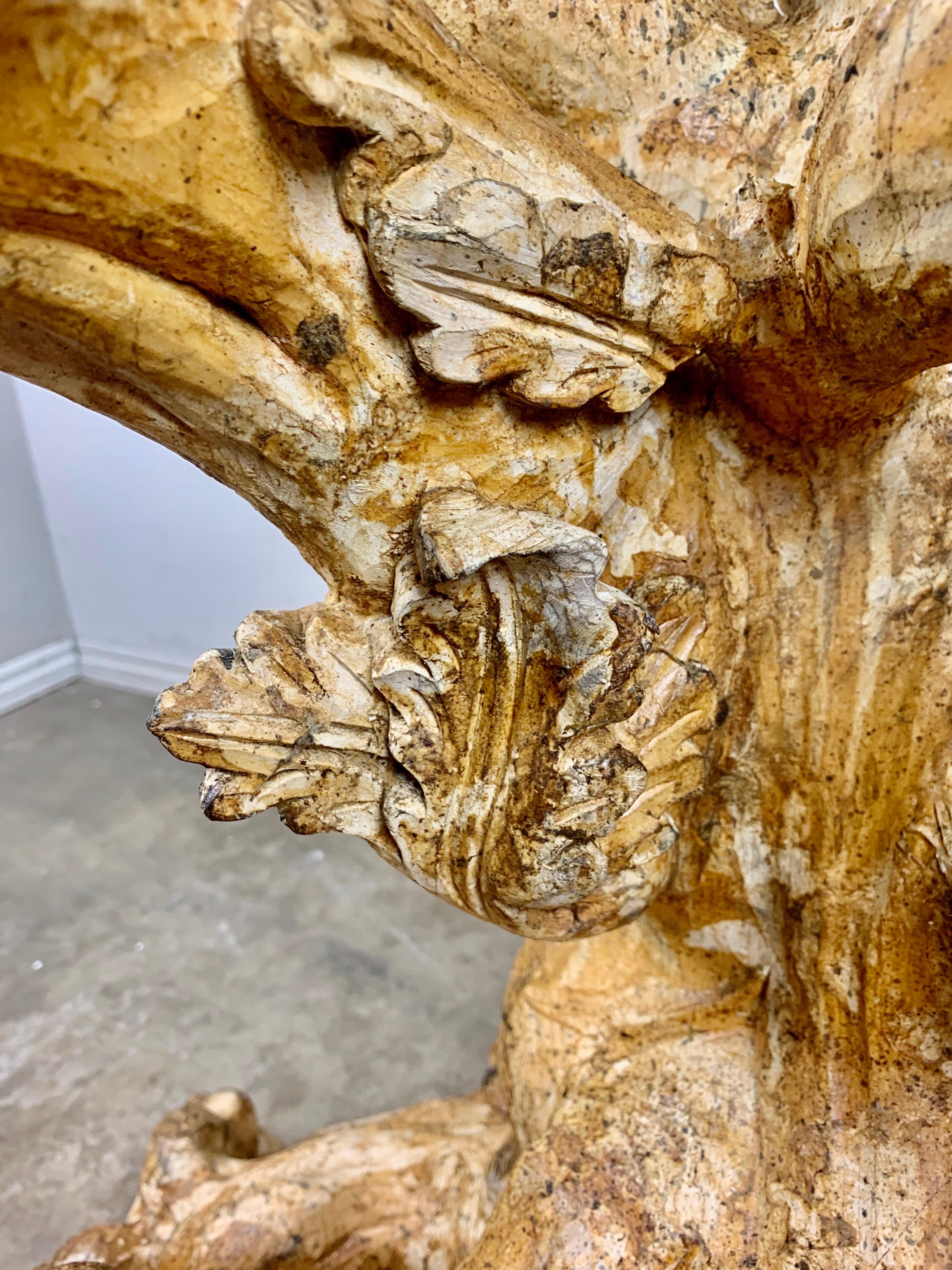 Unique Carved Wood Tree Trunk Table with Glass Top In Distressed Condition In Los Angeles, CA