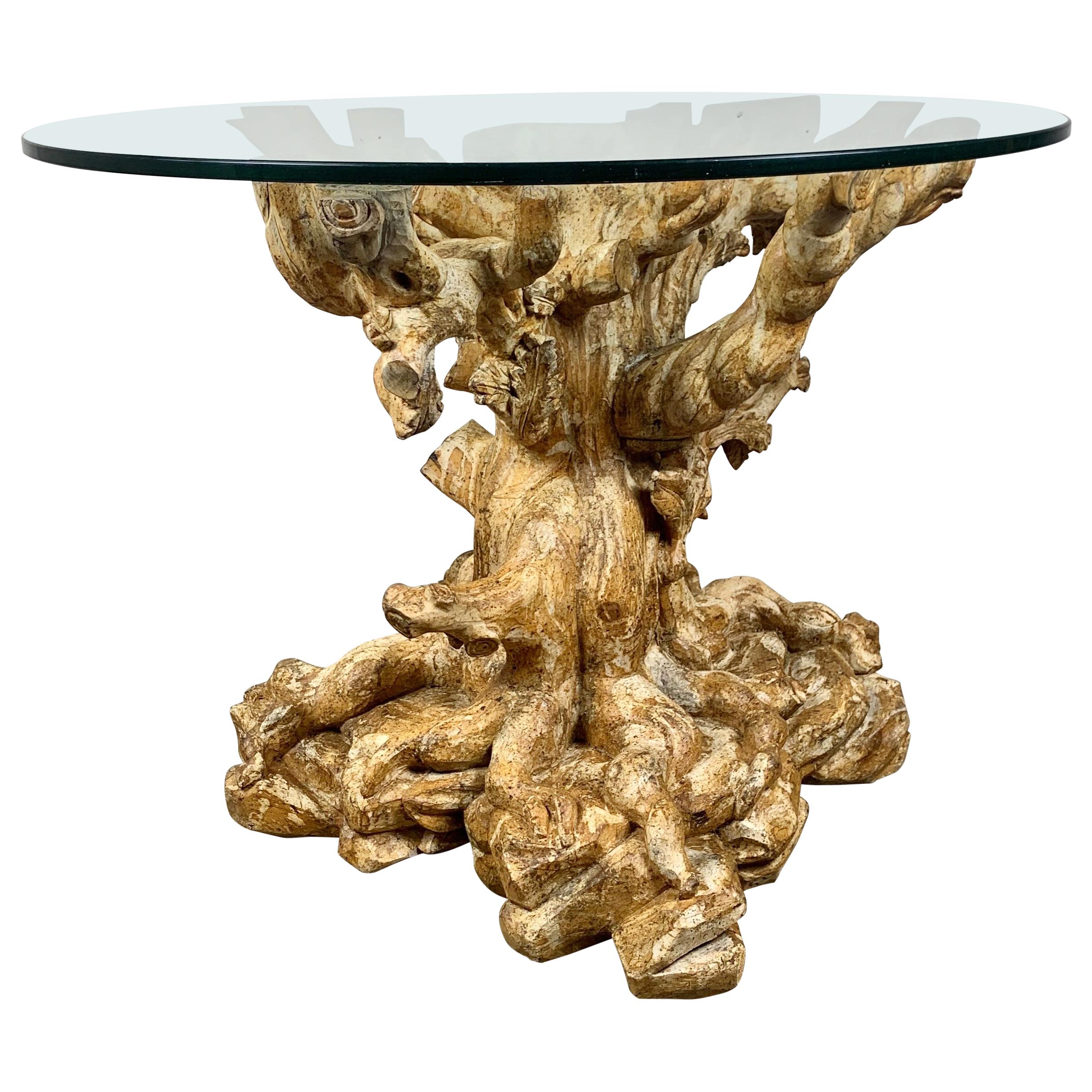 Unique Carved Wood Tree Trunk Table with Glass Top