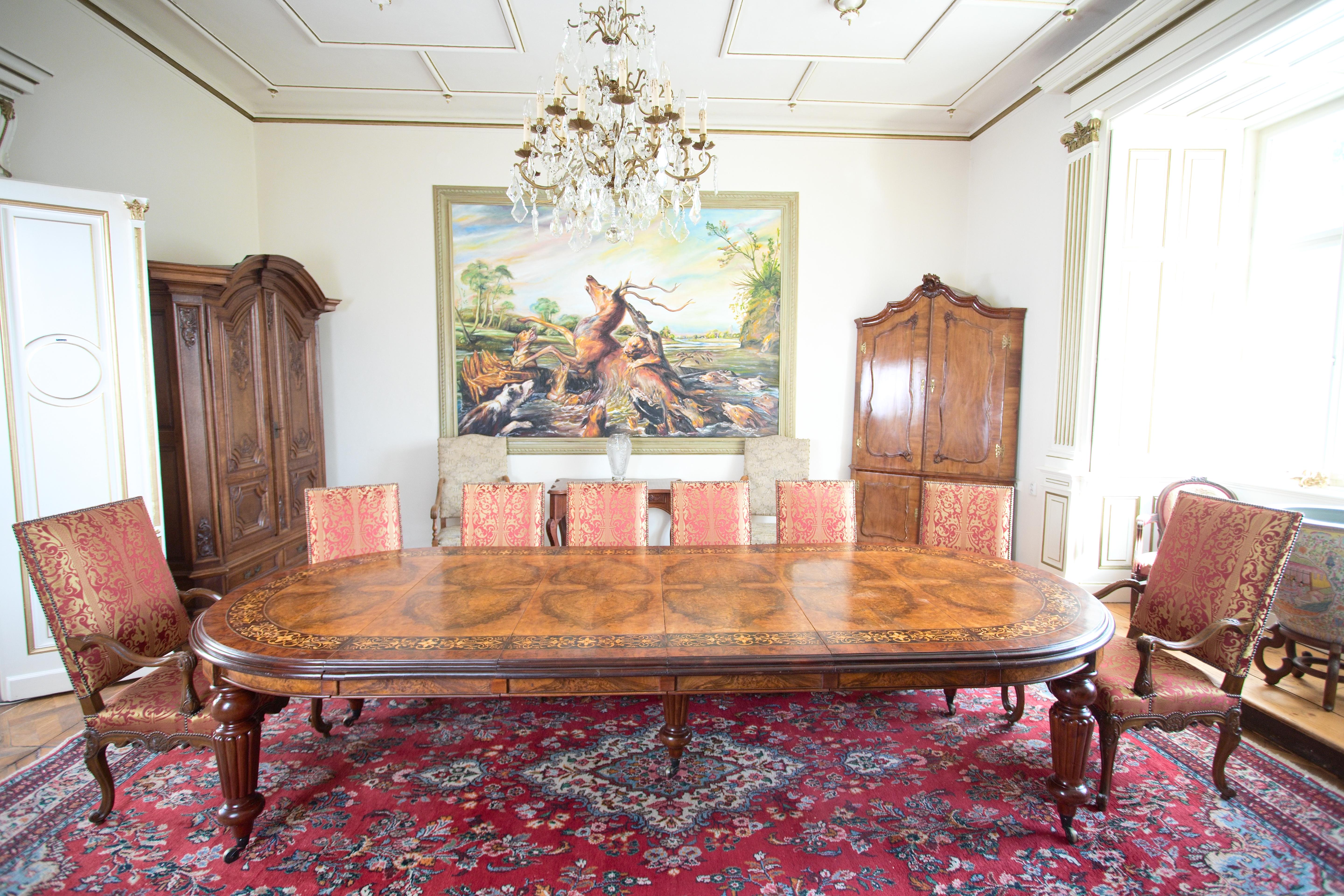 Unique castle dining / meeting table folding with marquetry In Good Condition For Sale In STRAČOV, CZ