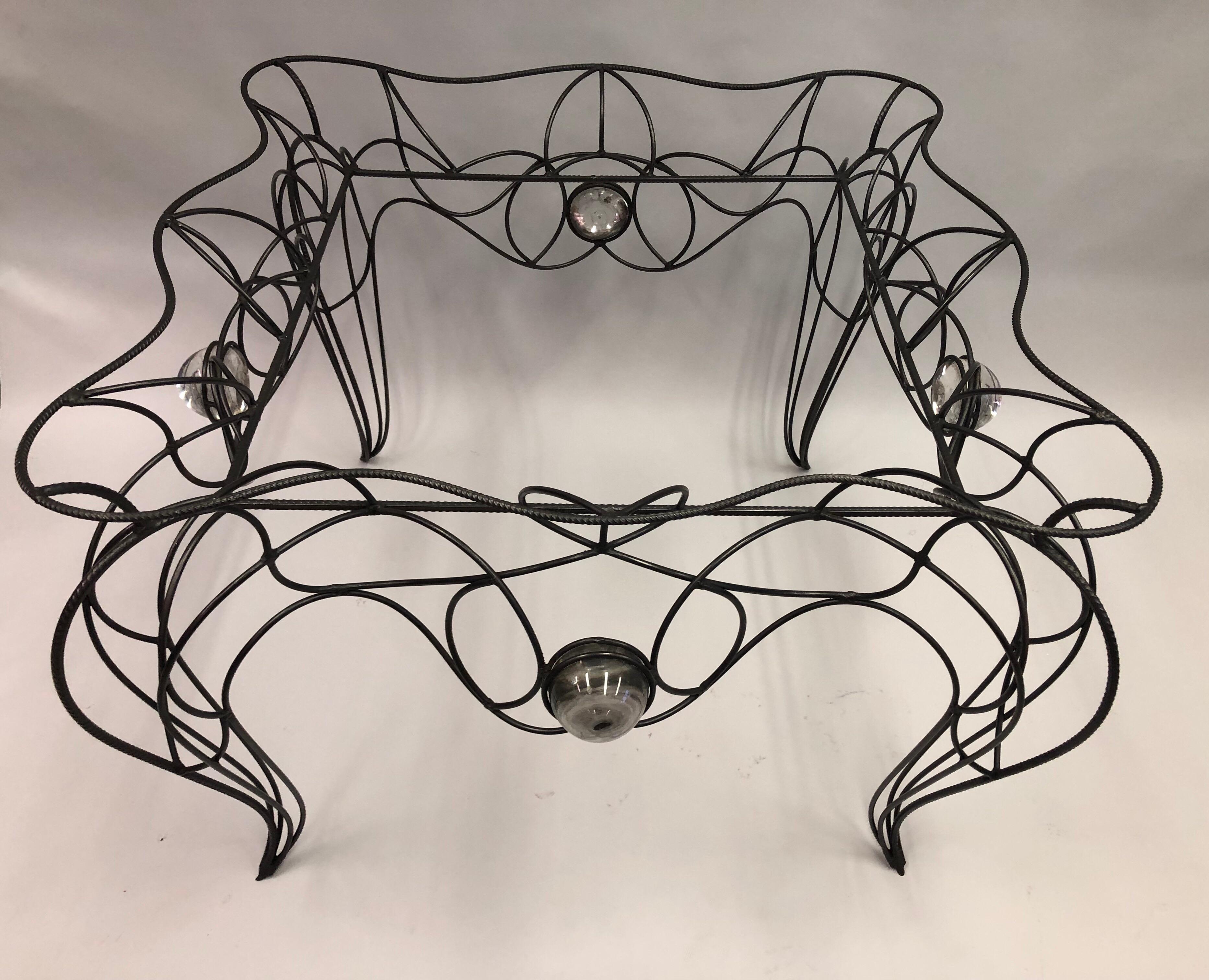 Modern Unique Centre Table / Console in Wrought Iron and Glass by Andre Dubreuil, 1986 For Sale