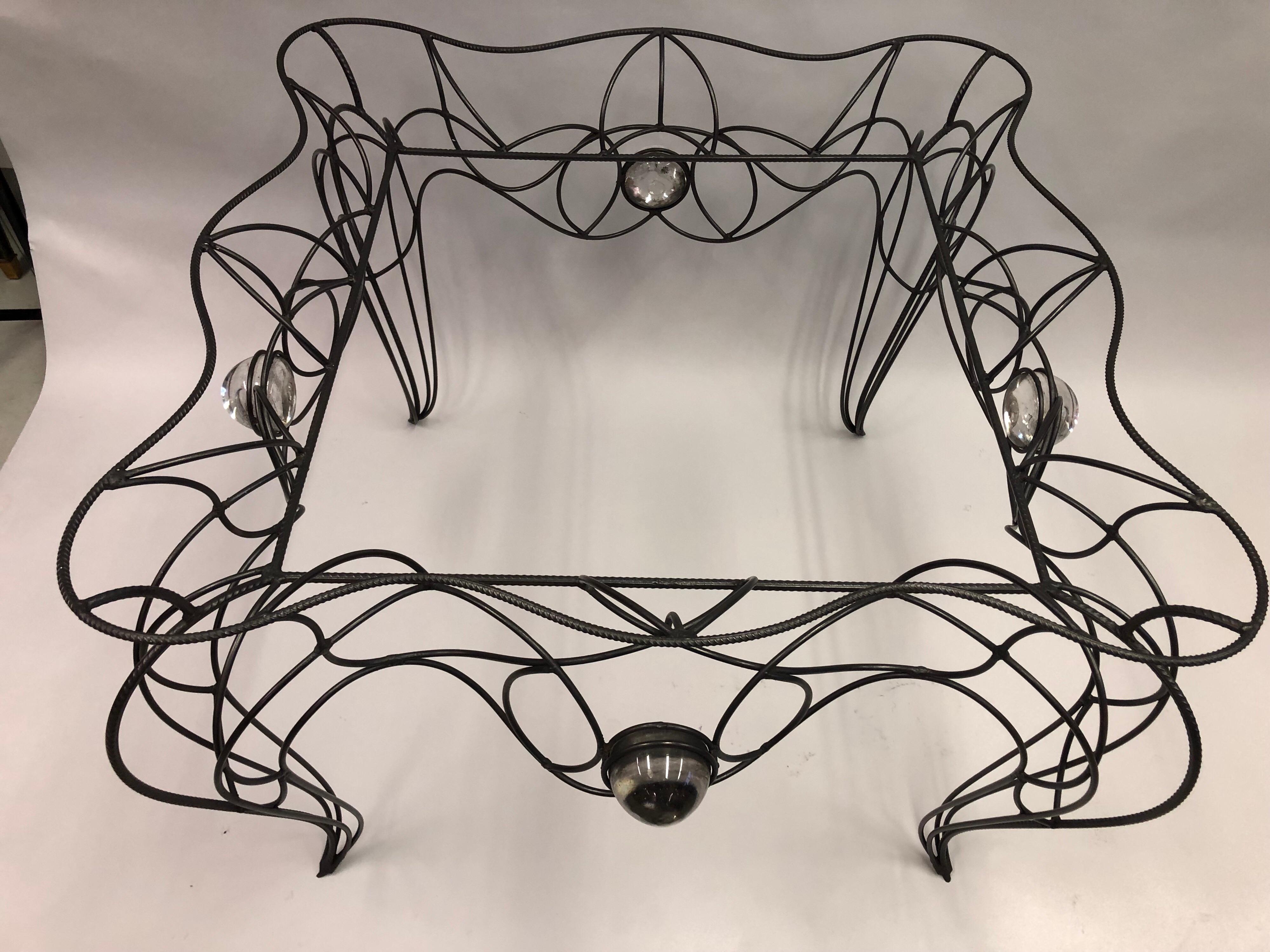 French Unique Centre Table / Console in Wrought Iron and Glass by Andre Dubreuil, 1986 For Sale